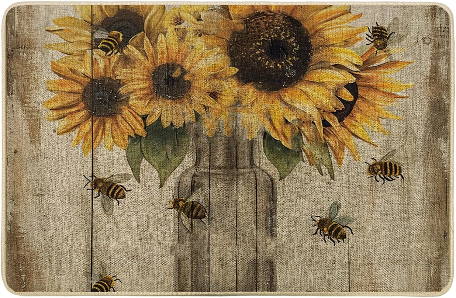 Spring Door Mat Sunflower Butterfly Pot Wooden Retro Farmhouse Plants Wings Brown Rubber Decorations Dirt Trapper Non Slip Kitchen Bathroom Front Door Home Door Mat 17x29 Inch