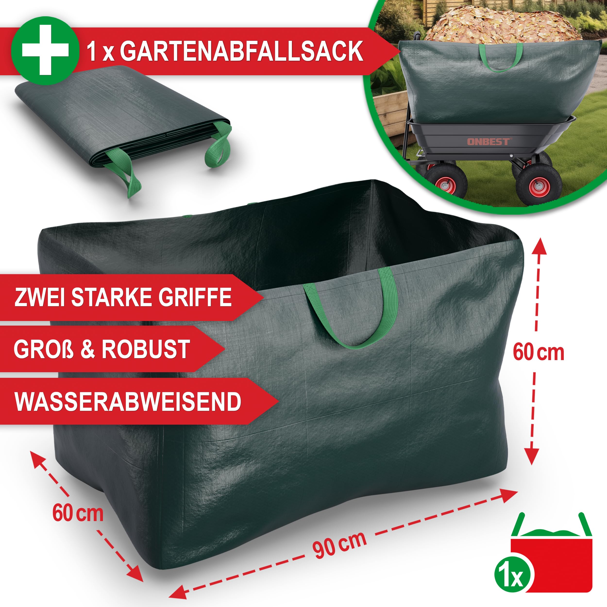 ONBEST Transportwagen mit Kippfunktion – 300 kg, 75 L Wanne | Schwarze Gartenkarre mit großer Kunststoffwanne – als Bollerwagen und Dumper inkl. großem Gartenabfallsack