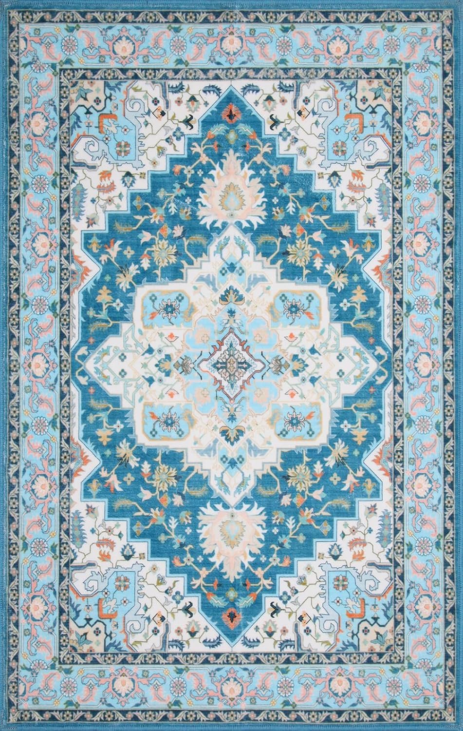 Tappeto Salotto Grandi 200 x 250 cm Tappeti Antiscivolo Morbido Pelo Corto Tappeti per camera da letto soggiorno casa ufficio Tradizionale Floreale Blu Bianco Rosa Arancione