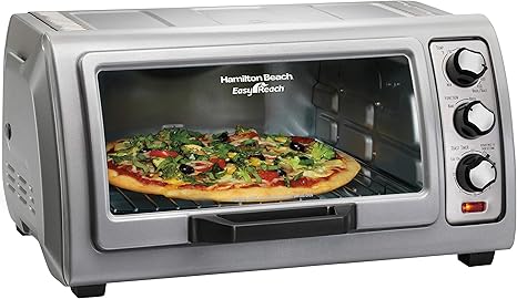 Hamilton Beach 6-Slice Countertop Toaster Oven with Easy Reach Roll-Top Door, Bake Pan, Silver 