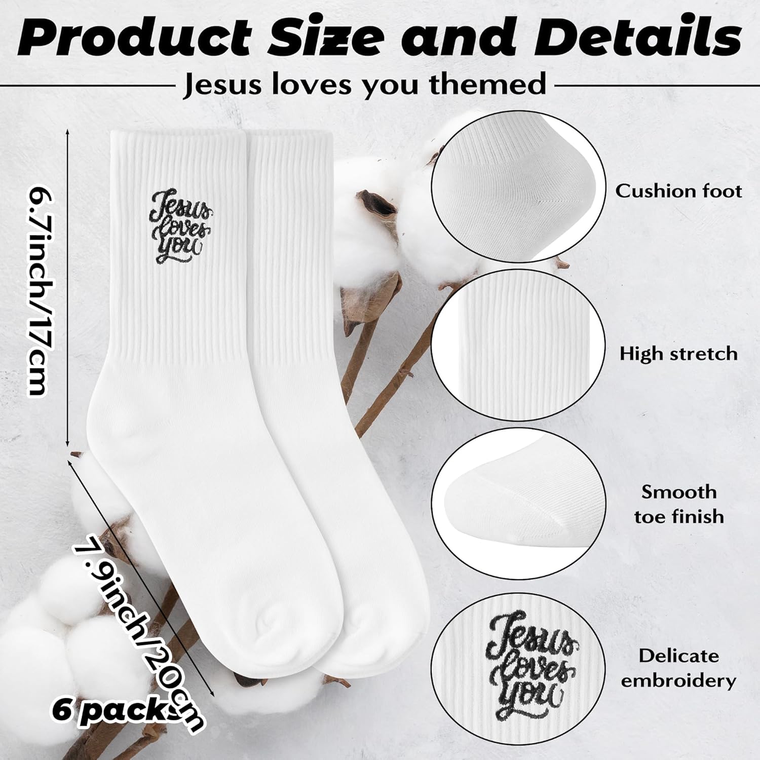 R HORSE 6 Pairs Religious Embroidered Socks - Anti Slip Cotton Socks with Bible Verse Christian Jesus Loves You Dress Sock for Teen Women Men Athletic Running Training Supplies Birthday Sports Gifts - Image 4