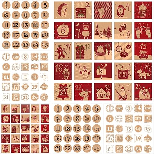 6 hojas de calcomanías de números del calendario de Adviento de Navidad, calcomanías de calendario de cuenta regresiva de 25 días, etiquetas