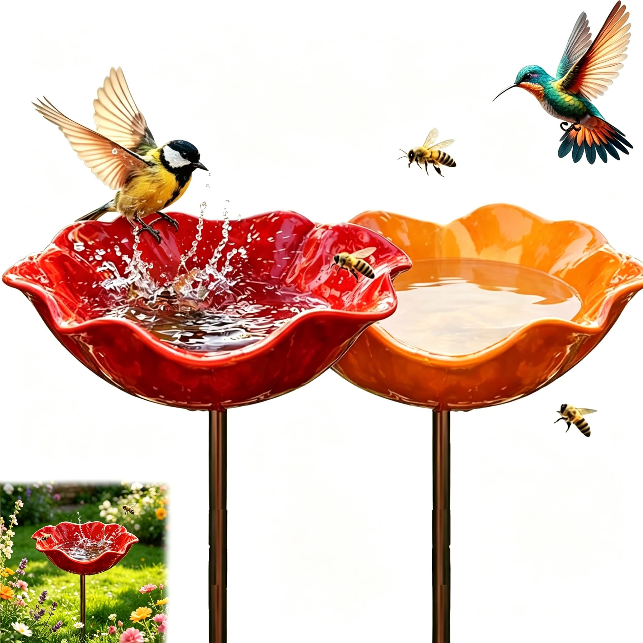2026 New Handmade Metal Flower Garden Stake Bird Bath, Bee Watering Station with Poppy-Shaped Design, Weather-Resistant Outdoor Yard Art for Garden Patio Yard Lawn (Orange+Red)