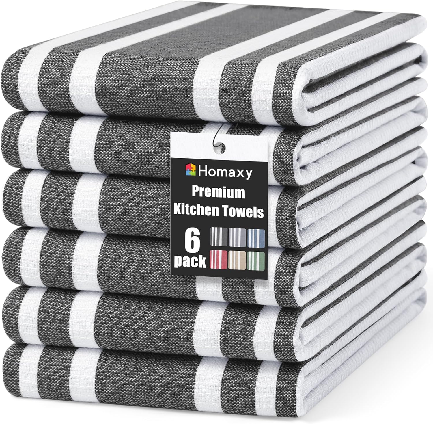 Homaxy Premium Kitchen Towels 18”x 28”, Large Cotton 380 GSM Kitchen Hand Towels, Stripe and Terry Dish Towel, Highly Absorbent Tea Towel Set with Hanging Loop, 6 Pack, Black