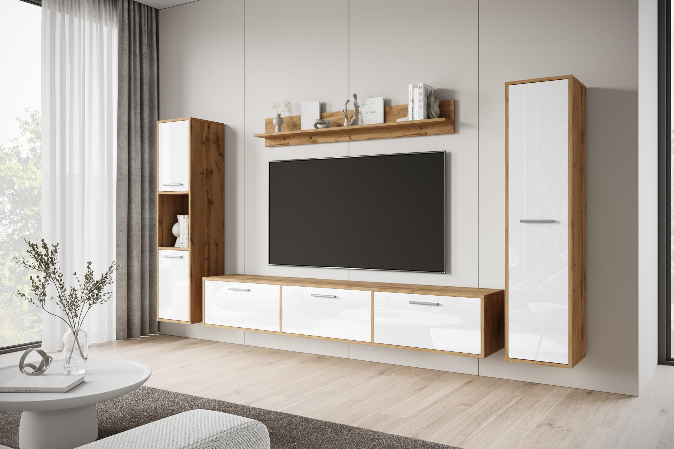 MINIO go for it - Wohnwand Wohnzimmer 4-teilig Toga, Wohnzimmer Möbel Set, 1x TV Lowboard, 2X Hochschrank, 1x Wandboard, Wohnzimmermöbel Komplett, Wohnzimmer Set - Farbe Wotan Eiche/Weiss Hochglanz