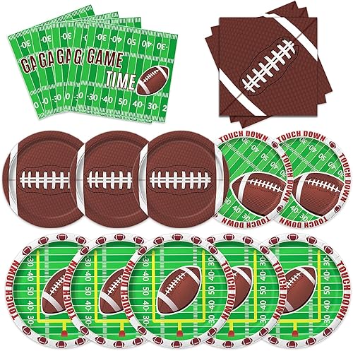 Kit de suministros para fiesta de fútbol para 48 decoraciones de fiesta de cumpleaños de fútbol, incluyendo platos llanos, platos de postre y