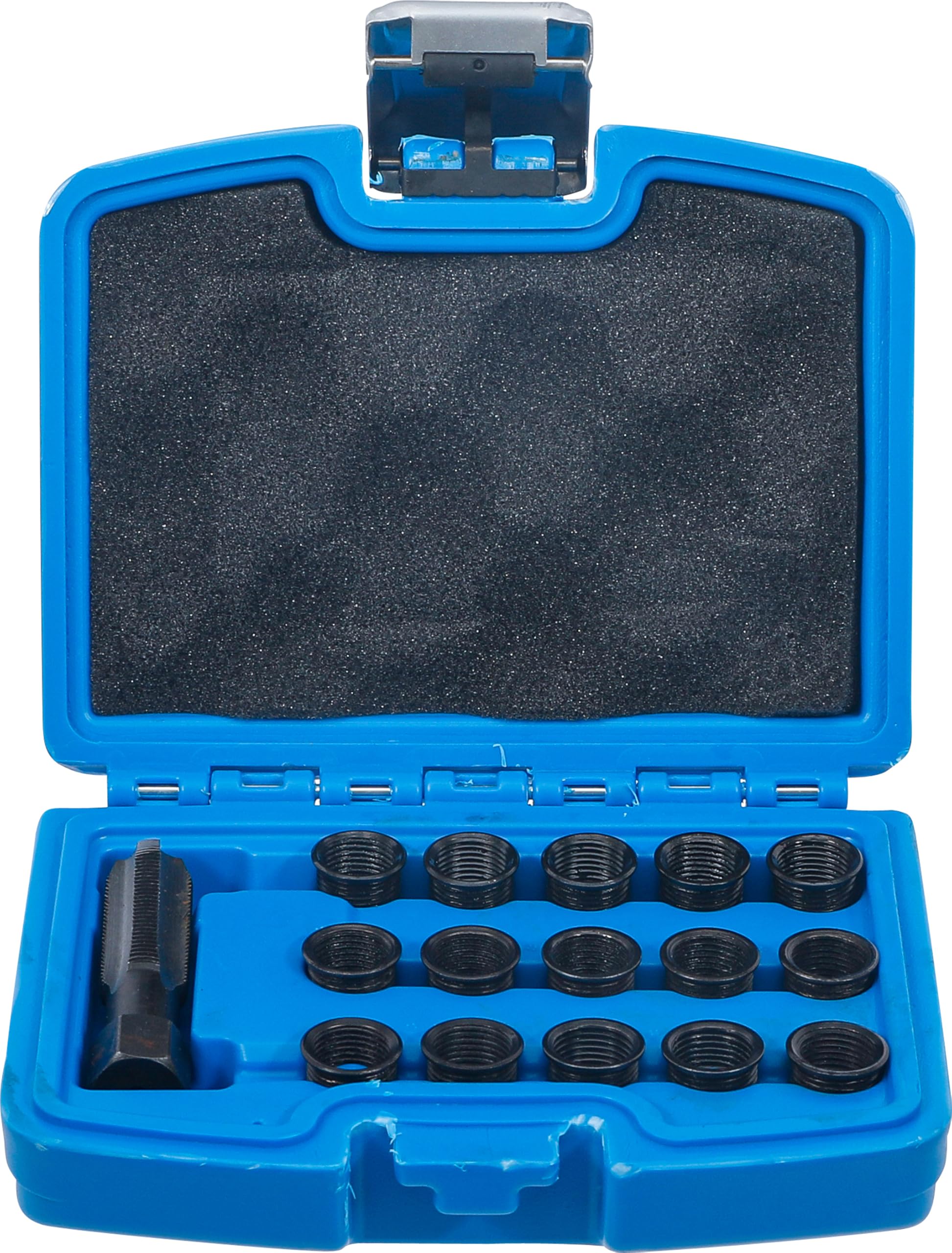 BGS 149 | Juego de reparación de roscas de bujías | M14 x 1,25 mm | 16 piezas | Macho de roscar de acero HSS-G, hexágono exterior de 16 mm, insertos de rosca 11, 16, 19 mm, negro bruñido
