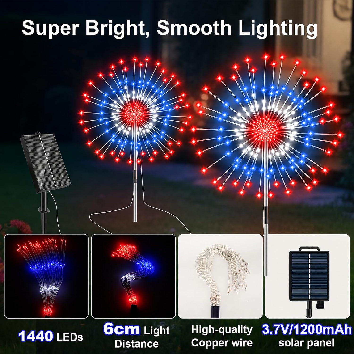 4th of July Decorations Fireworks Solar Lights Outdoor, 8 Pack 1440 LED 8 Modes Red White and Blue Patriotic Lights with Remote, Timer, Waterproof Garden Stake Light for Patio Yard Pathway Decor
