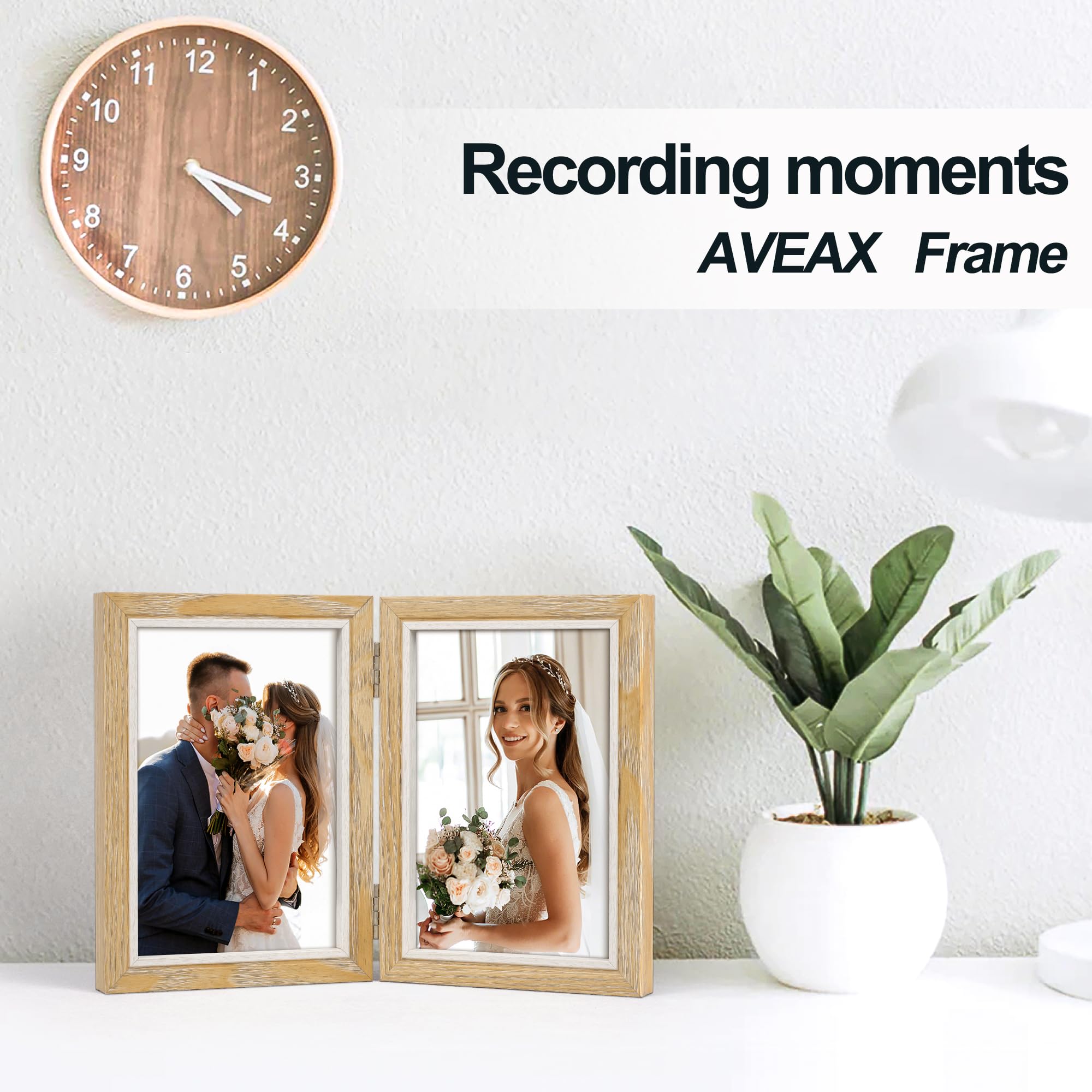 Cornice portafoto doppia in legno pieghevole con vetro, supporto da scrivania per 2 foto, perfetta per famiglia, regali di nozze, venature del legno