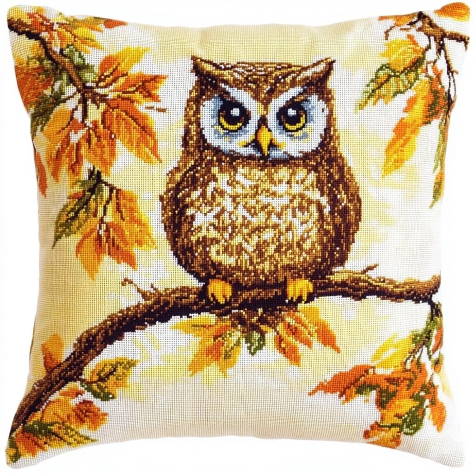 WallustrioaW Cross Stitch Cushion Kits for Adults,Owl on a Branch Needlepoint Cushion Kit Cross Stitch Throw Pillow for Creative Home Decor 18x18in