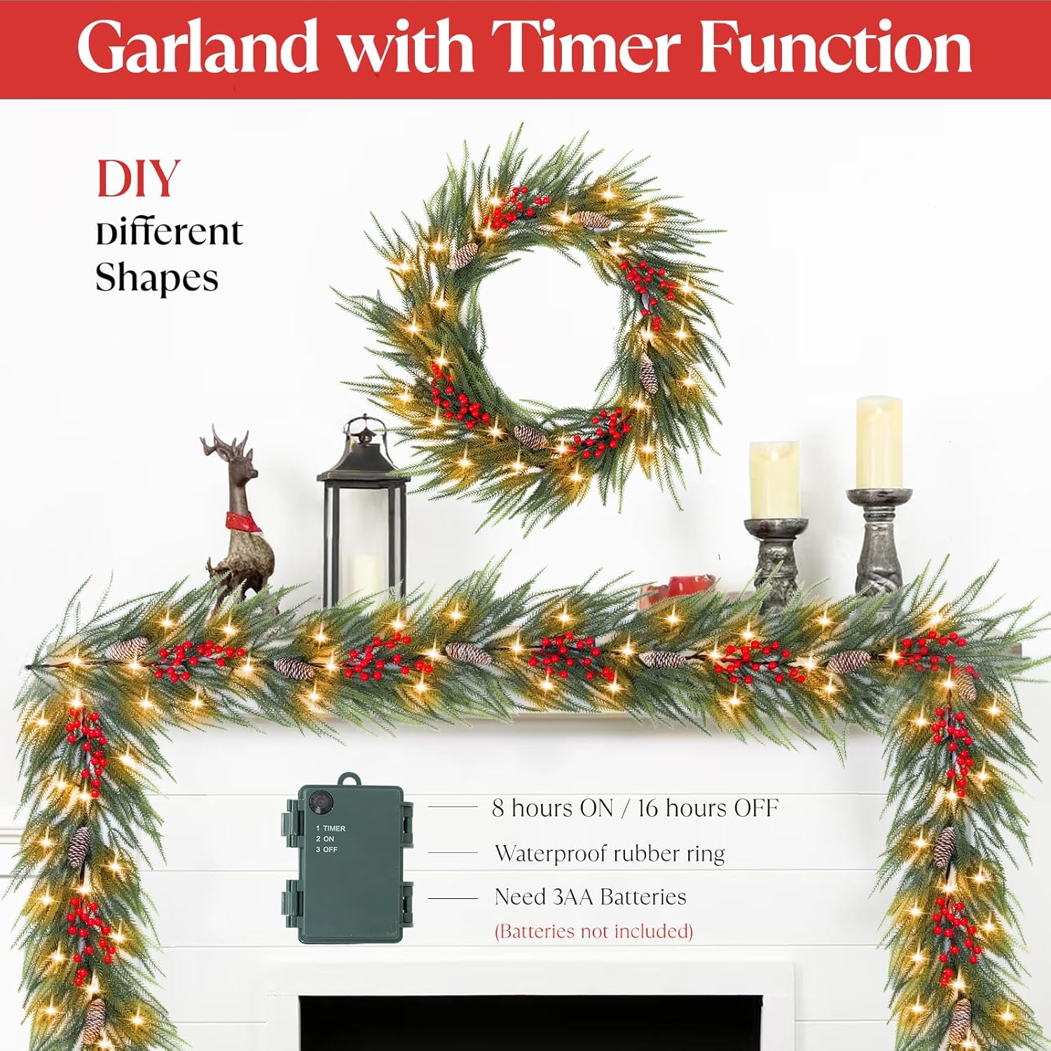 Christmas Garland with Light - Christmas Decorations - 6Ft Prelit Garland with Battery Operated Timer,Lighted Realistic Greenery Home Decor for Mantle Fireplace Table,Xmas Decorations Indoor Outdoor - Image 5