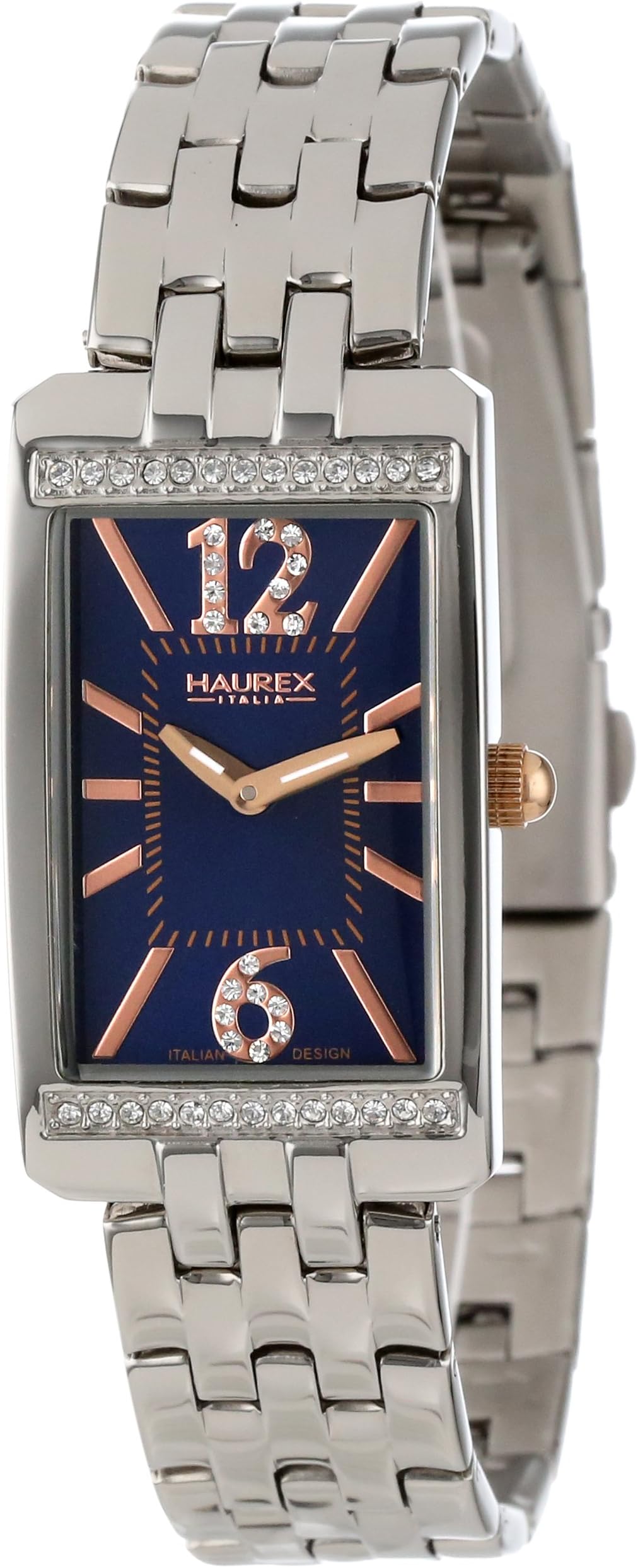 Haurex Italy Women's 2S391DBH Primula Stainless Steel Rectangular Blue Sunray Dial Swarovski Watch