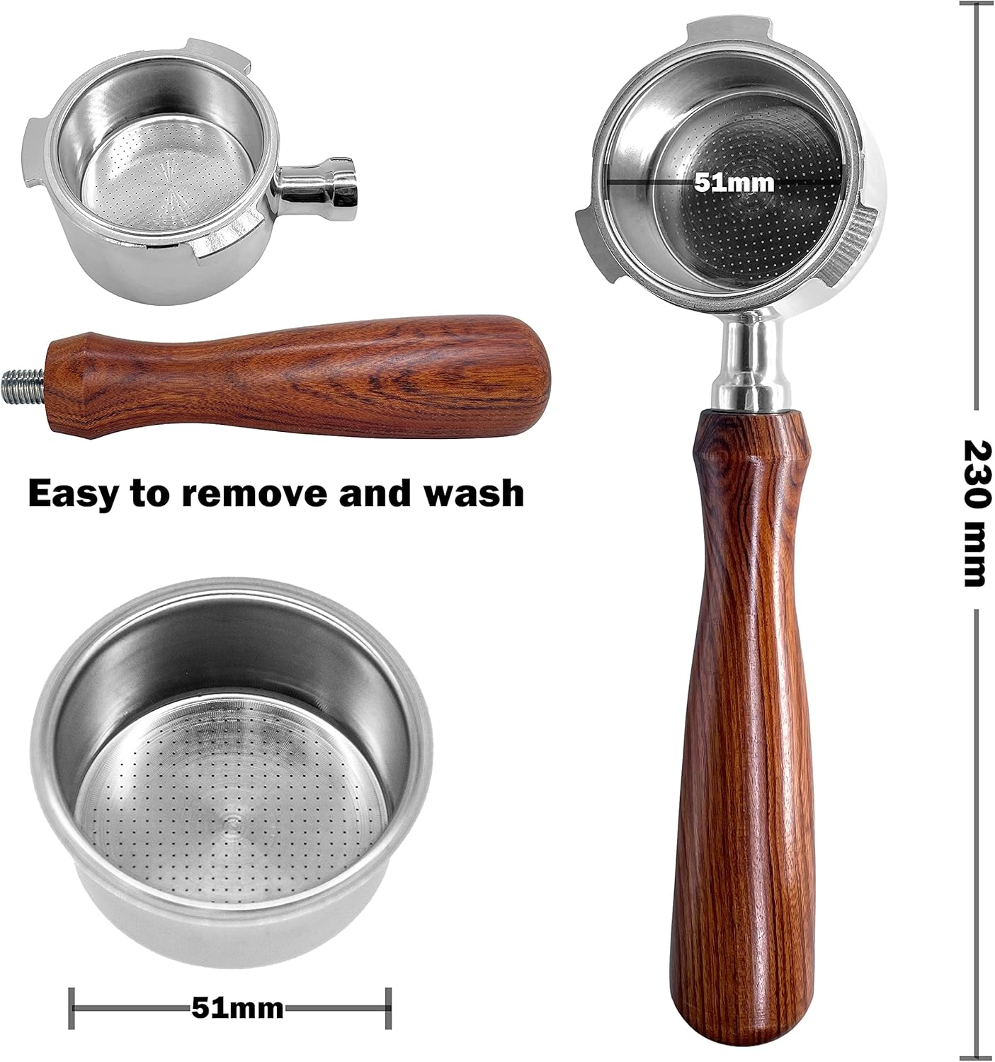 NEOUZA Coffee 51mm Bottomless Portafilter Compatible with DeLonghi Dedica EC680/EC685/EC785/EC820/EC850/EC860 SMEG Coffee Machine, Stainless Steel,Rosewood.Free with Basket, Spoon, tamper mat