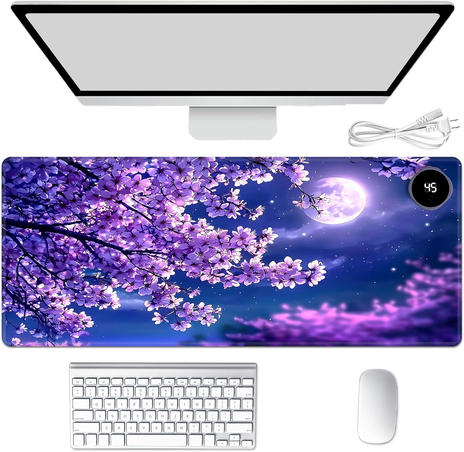 Heated Mouse Pad Hand Warmer, Warm Desk Pad Mousepad Desk Mat with 3 Levels Heating and Auto Shut Down 31.5 x 13 inch PU Leather Warmer Keyboard Mat for Gaming Laptop Office Home,Cherry Blossom Moon