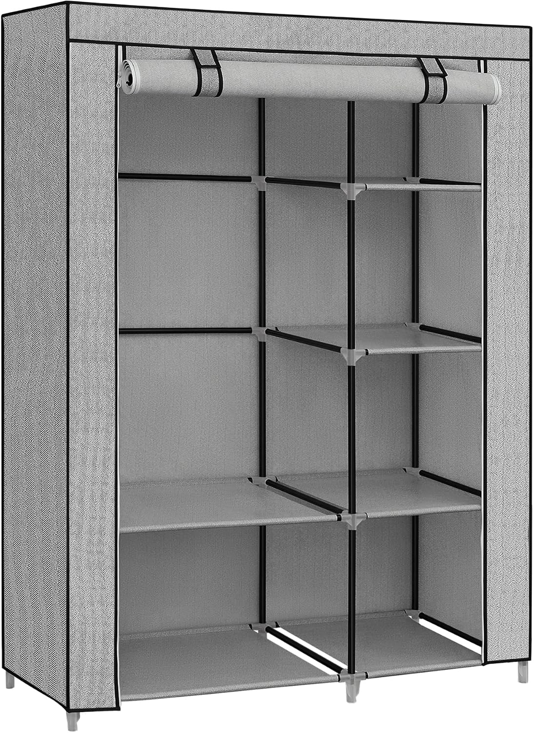 SONGMICS Portable Closet, Clothes Storage Organizer with 6 Shelves, 1 Clothes Hanging Rail, Non-Woven Fabric Closet, Metal Frame, Herringbone Pattern, 41.3 x 17.7 x 66.1 Inches, Gray URYG085G22
