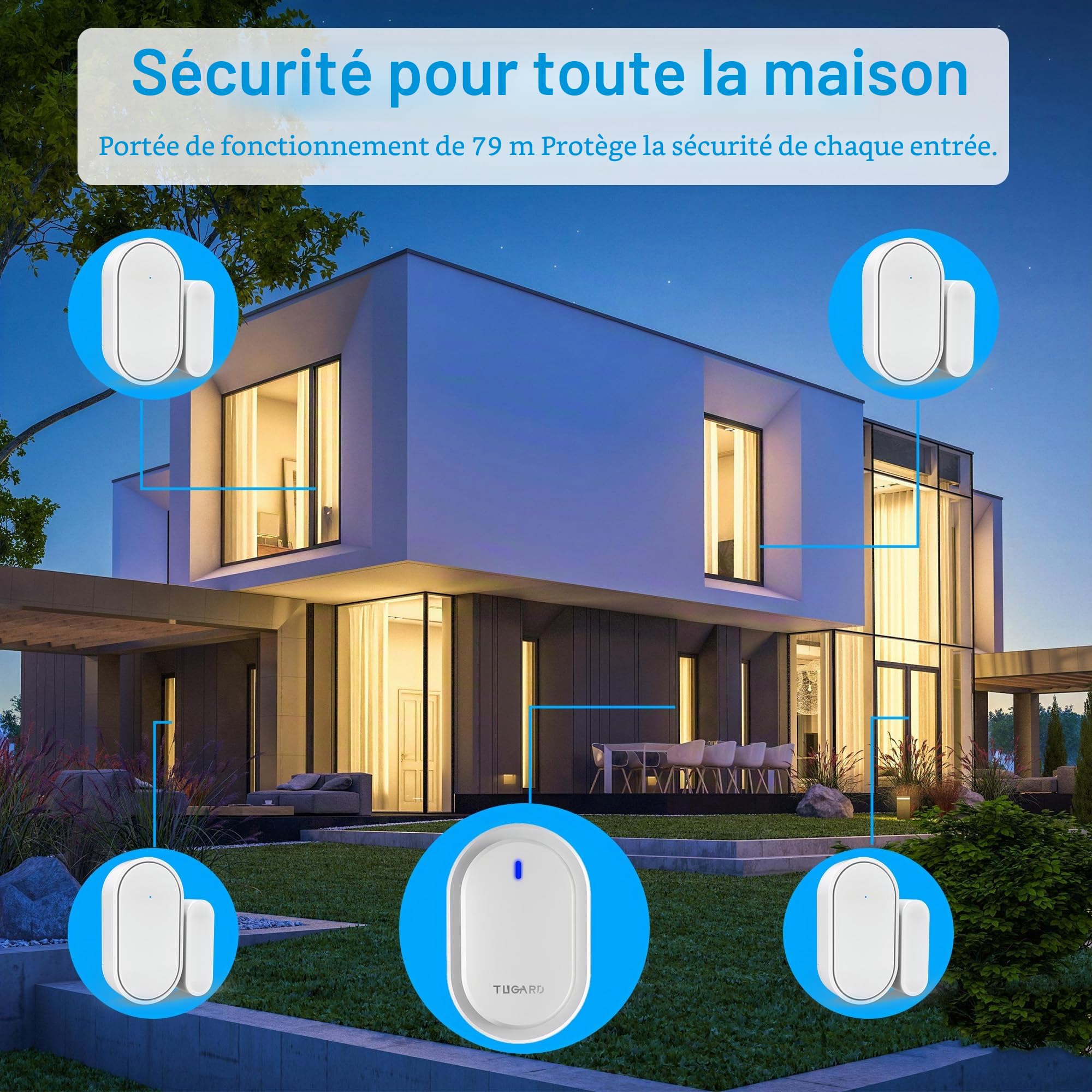 Détecteur sans Fil de Sonnette pour Portes et fenêtres, 39 rapports, 2 sonnettes d'alarme 4 Paires de capteurs pour Portes, système d'alarme pour la sécurité à la Maison, Blanc