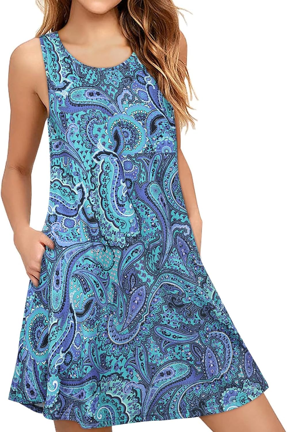 ENMAIN Sundress for Women Summer Casual Sleeveless Dress Swing Loose Floral Cover up Beach Tank Dresses with Pockets