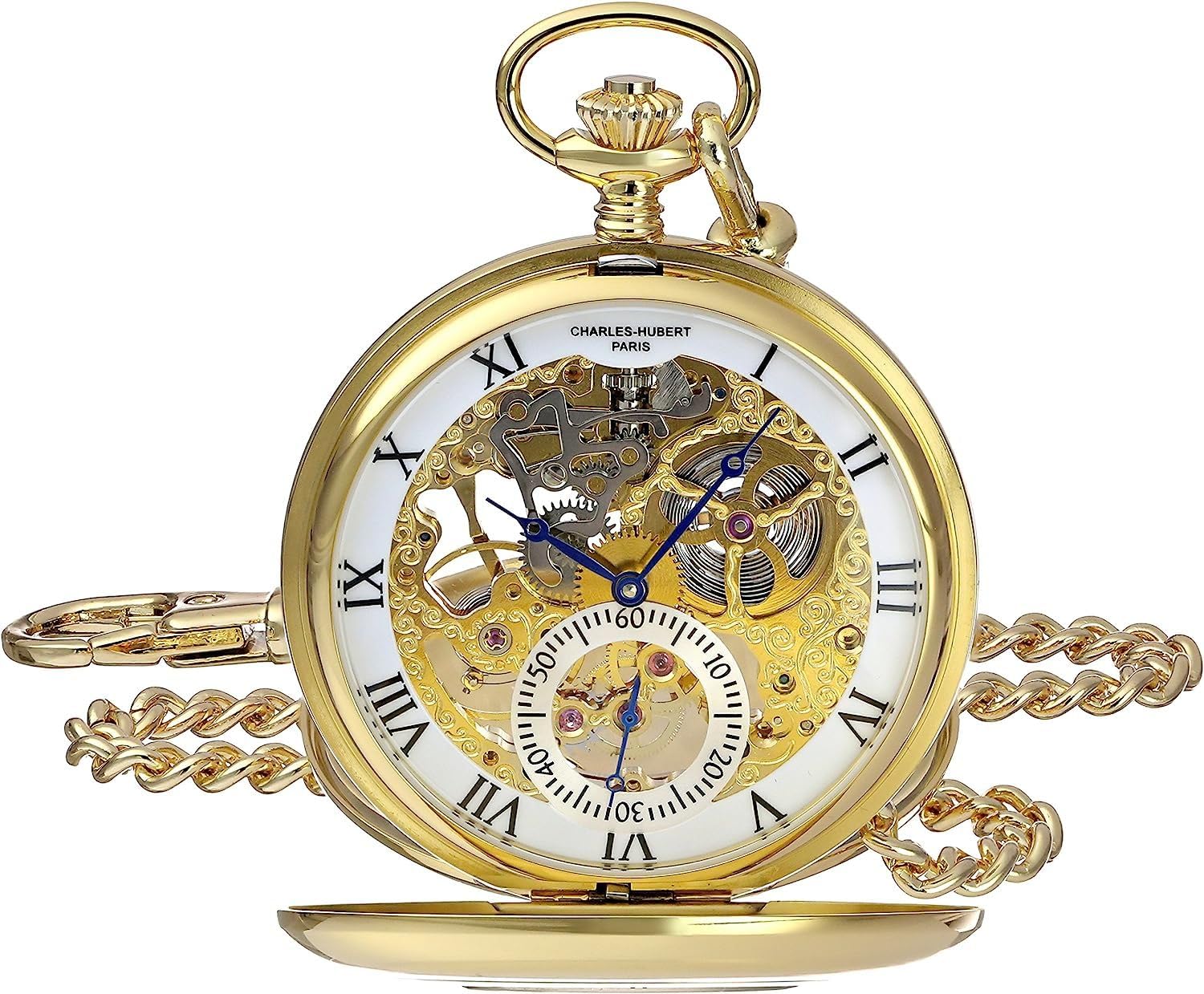 Charles Hubert 3972-G Men's Pocket Watch, Mechanical Hand Winding, Skeleton, Gold