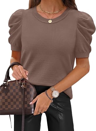 SAMPEEL Short Puff Sleeve Sweaters for Women Knit Tops 2026 Trendy Crewneck Striped T Shirts Casual Summer Blouses
