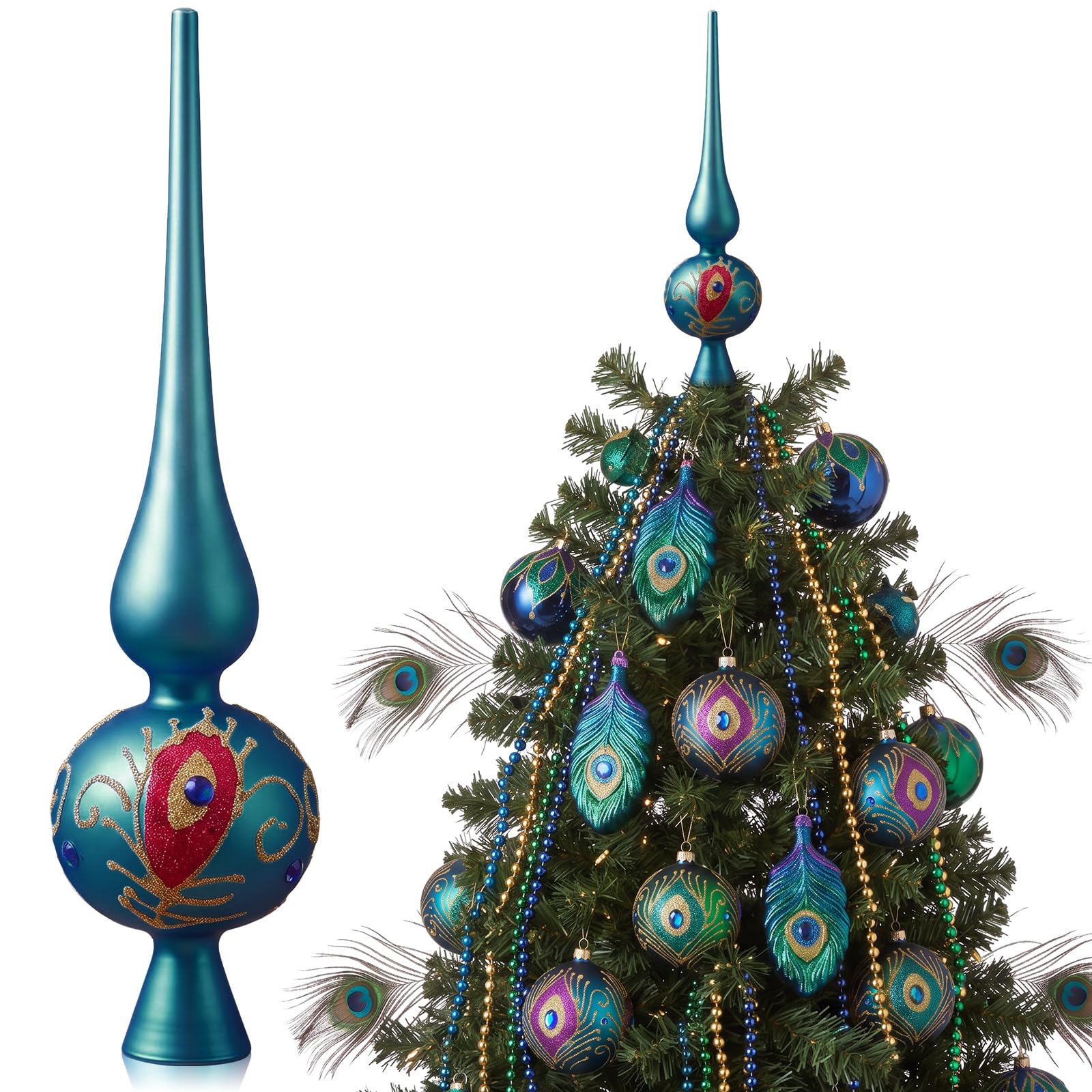 Gejoy Mercury Glass Christmas Tree Topper Finials Ornaments Peacock Blue