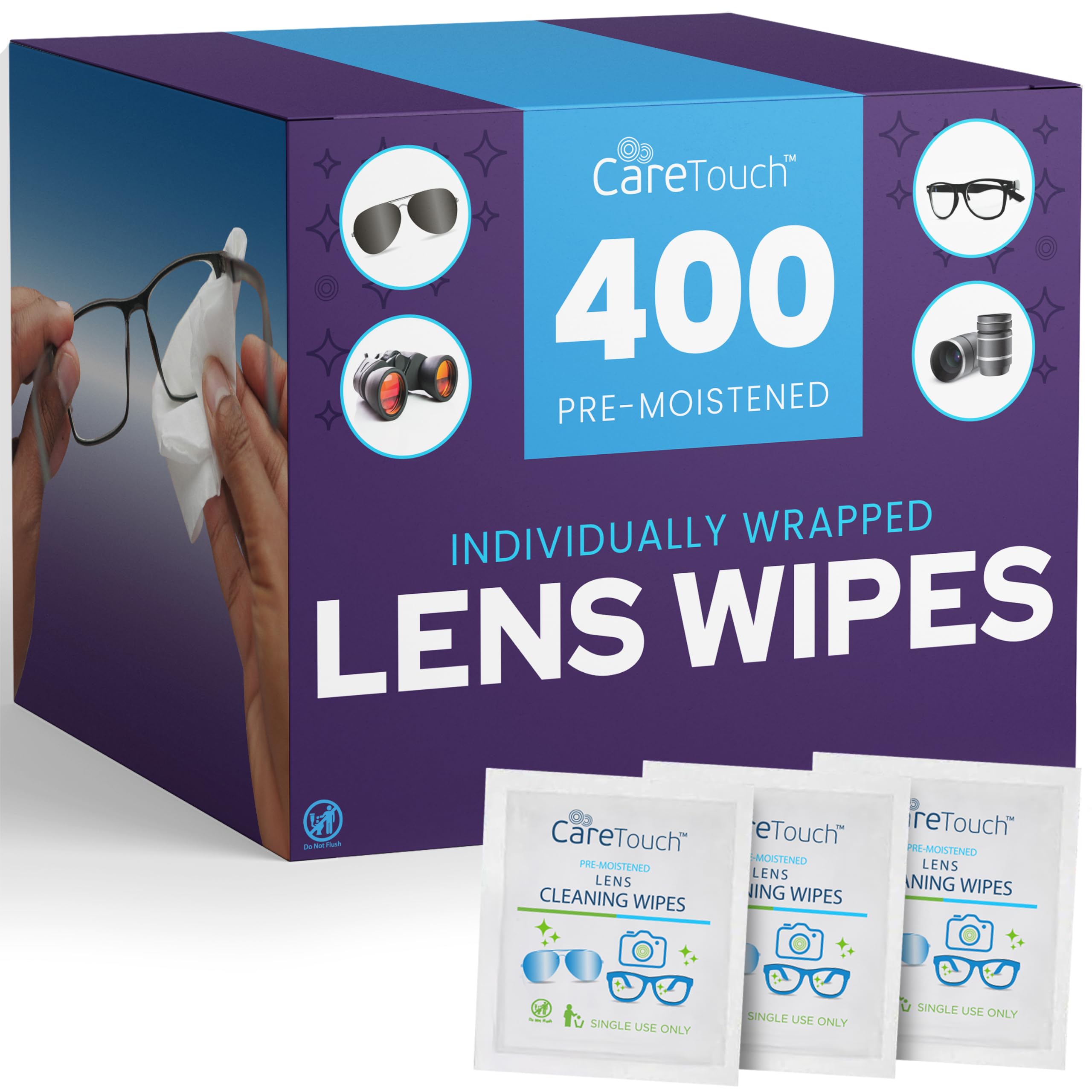 Care Touch Toallitas para lentes, 400 toallitas prehumedecidas envueltas individualmente, 5 x 6 pulgadas, limpiador de lentes de cámara, gafas de sol y gafas, suave y portátil para limpiar