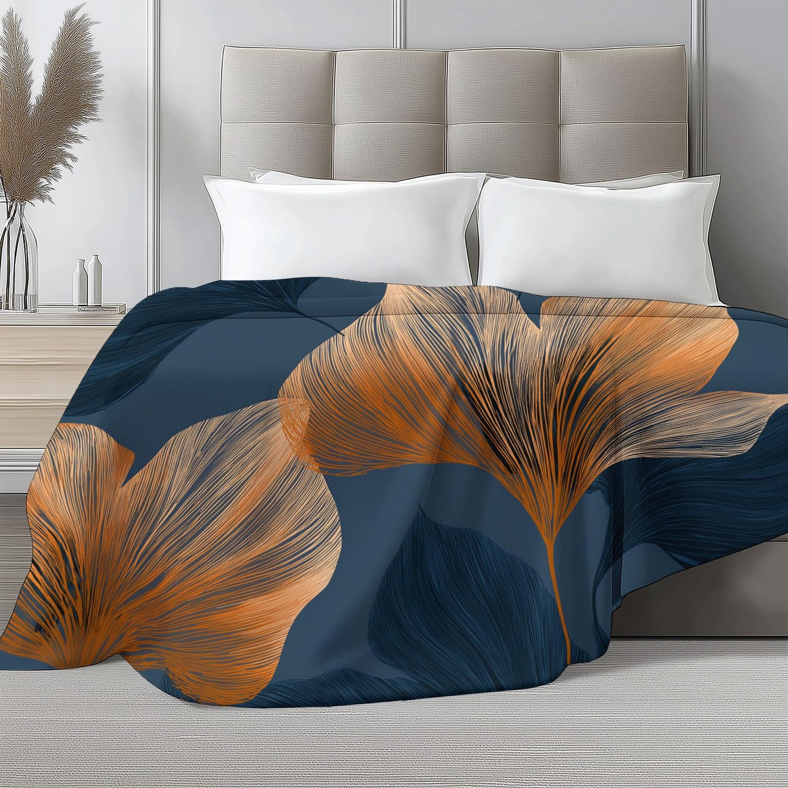 Manta Franela para Cama 220 x 240 cm, Suave Cálida Plantas Hoja Grande Rayas Manta Invierno Calentitas Transpirable Ligera Arte Moderno para Adulto Infantil Mujer Hombre
