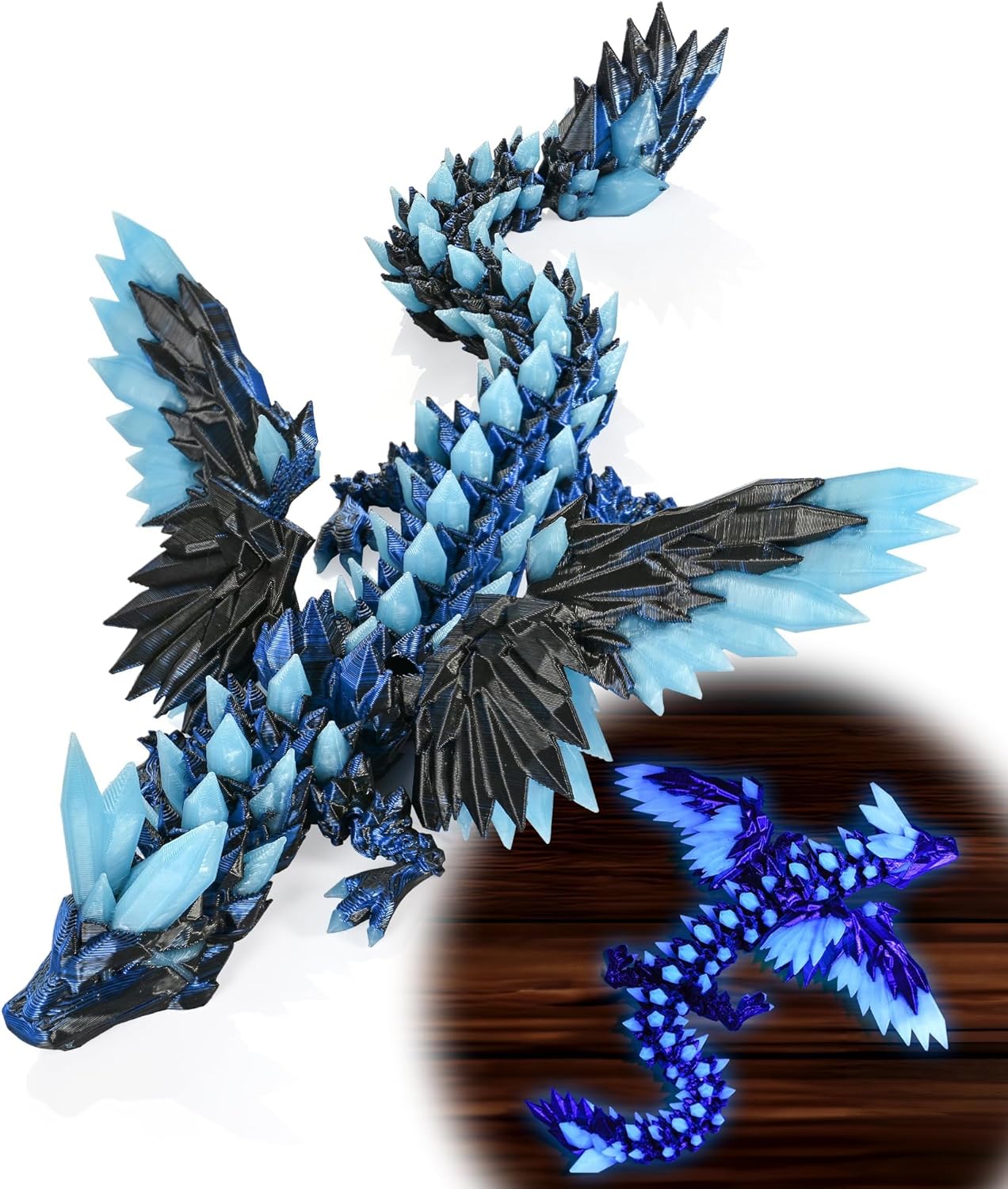 GemmiCho 3D Printed Dragon with Wings Glow in The Dark, 11" 3D Dragon Toys for Kids, 3D Dragon for Stress Relief, 3D Printed Animals Figurines Fidget Dragon Toys for Boys Kids Teen 5-7 4-6 8-12