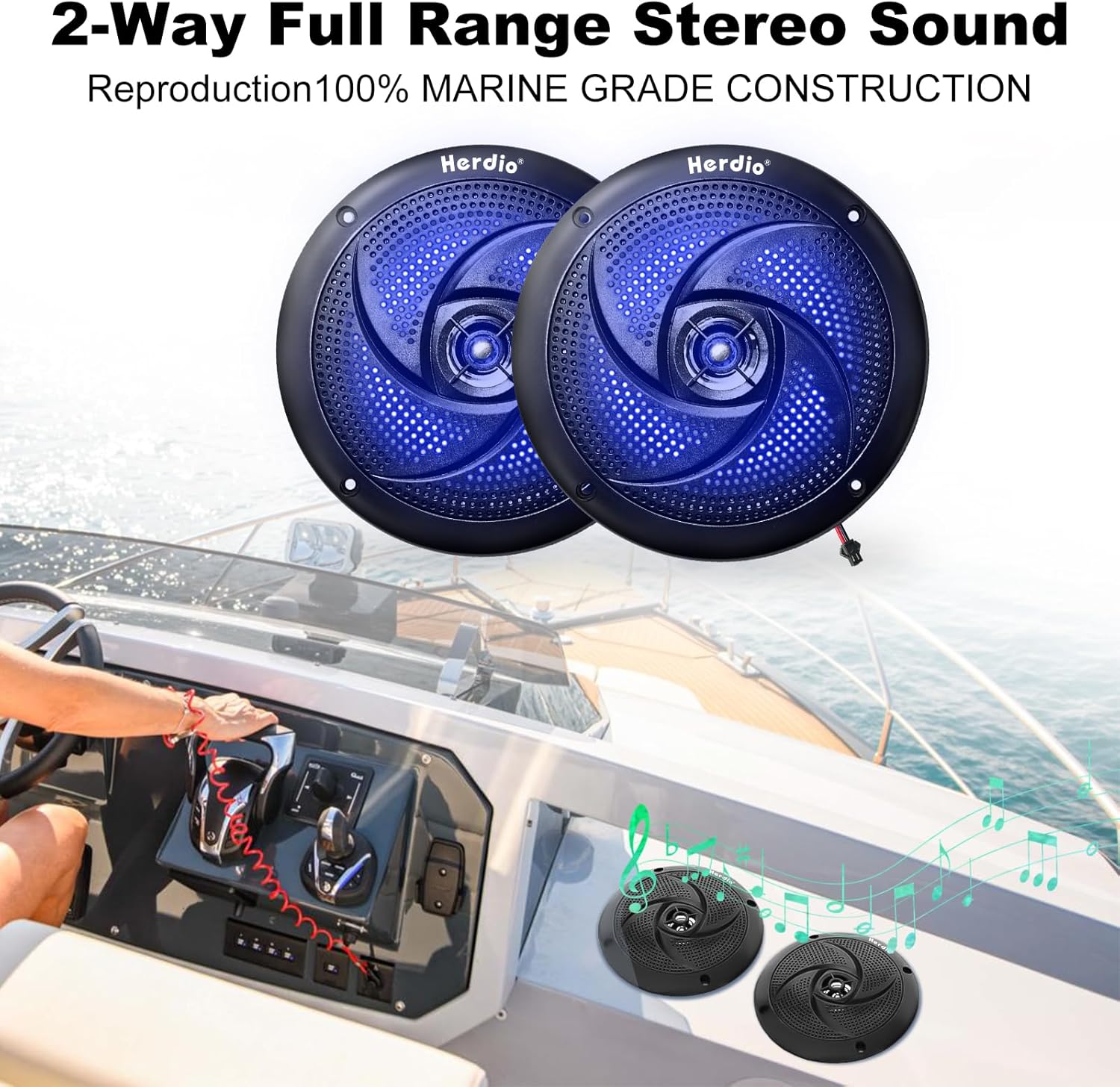 Two Herdio marine speakers installed on a boat dashboard, illustrating 2-way full range stereo sound.