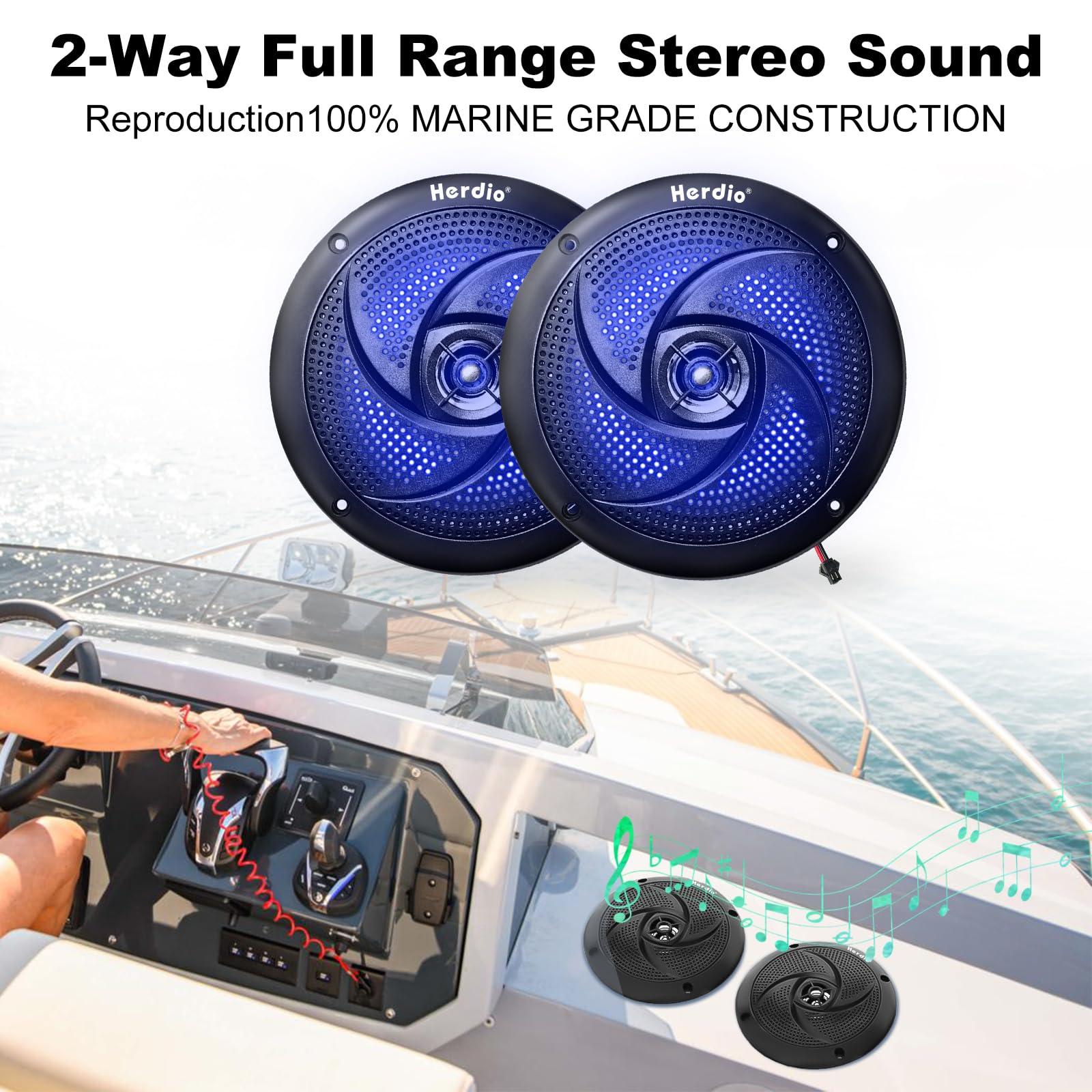 Herdio Altavoces Marinos, 4 Pulgadas, 2 vías, Impermeables y Resistentes a la Intemperie, con Luces LED, Potencia de 100 W y Estilo Delgado de Perfil bajo, 1 par (Negro)