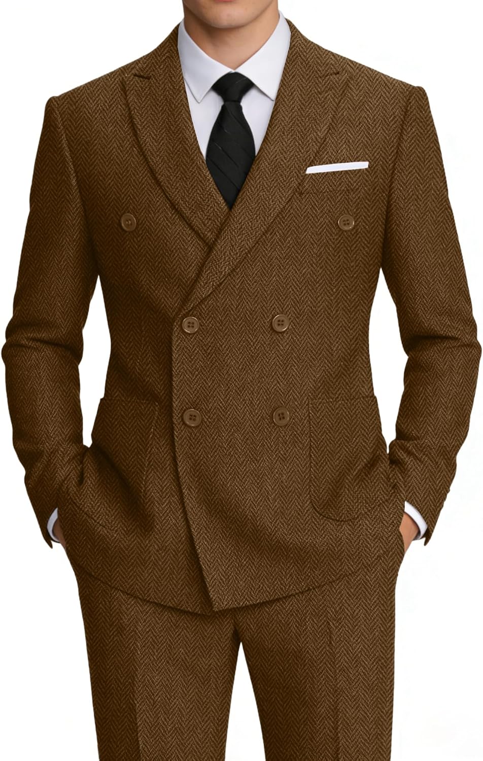 2 Piece Men's Retro Herringbone Suits Double Breasted Tweed Suits for Men Slim Fit Suits with Patch Pocket