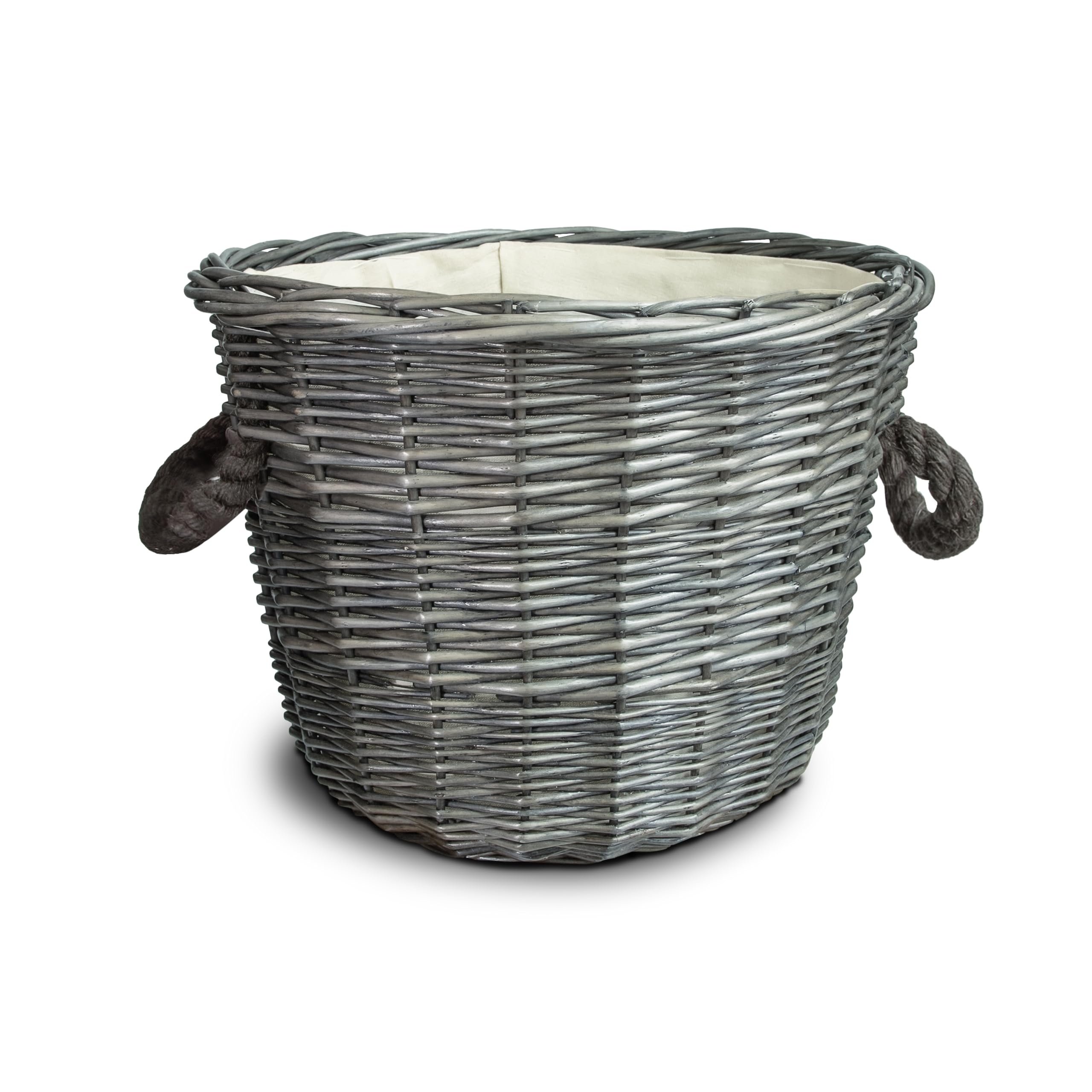 Wickerfield Flaxen Linen, Grey Wicker Log Basket For Wood Burner Indoor, Large Wicker Storage Basket With Rope Handle & Lining, Wood & Kindling Storage Baskets For Logs (Round, Dark Grey Wash)