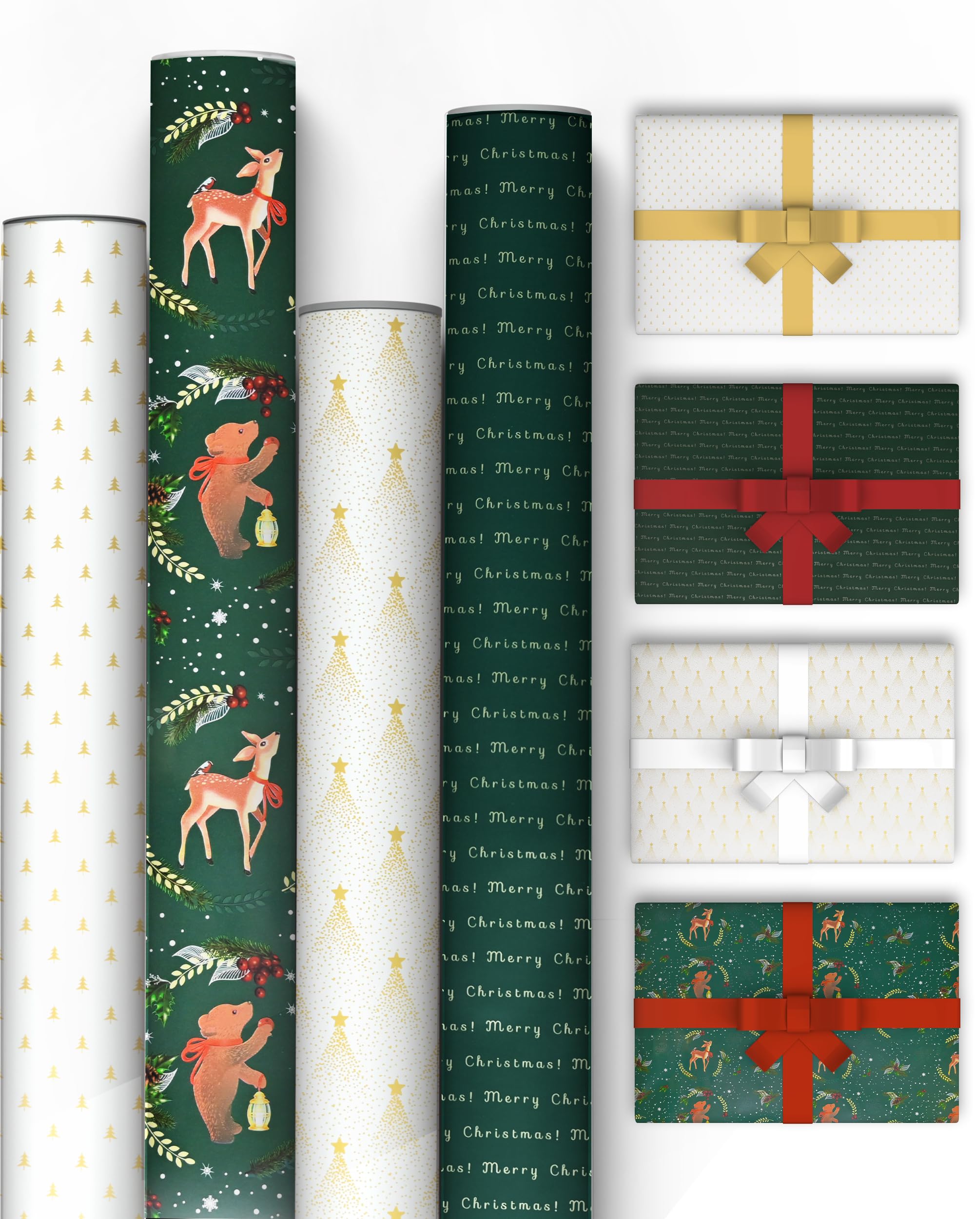 Kraft & Co Christmas Wrapping Paper - 4 Pack, Festive Design, 69cm x 8m