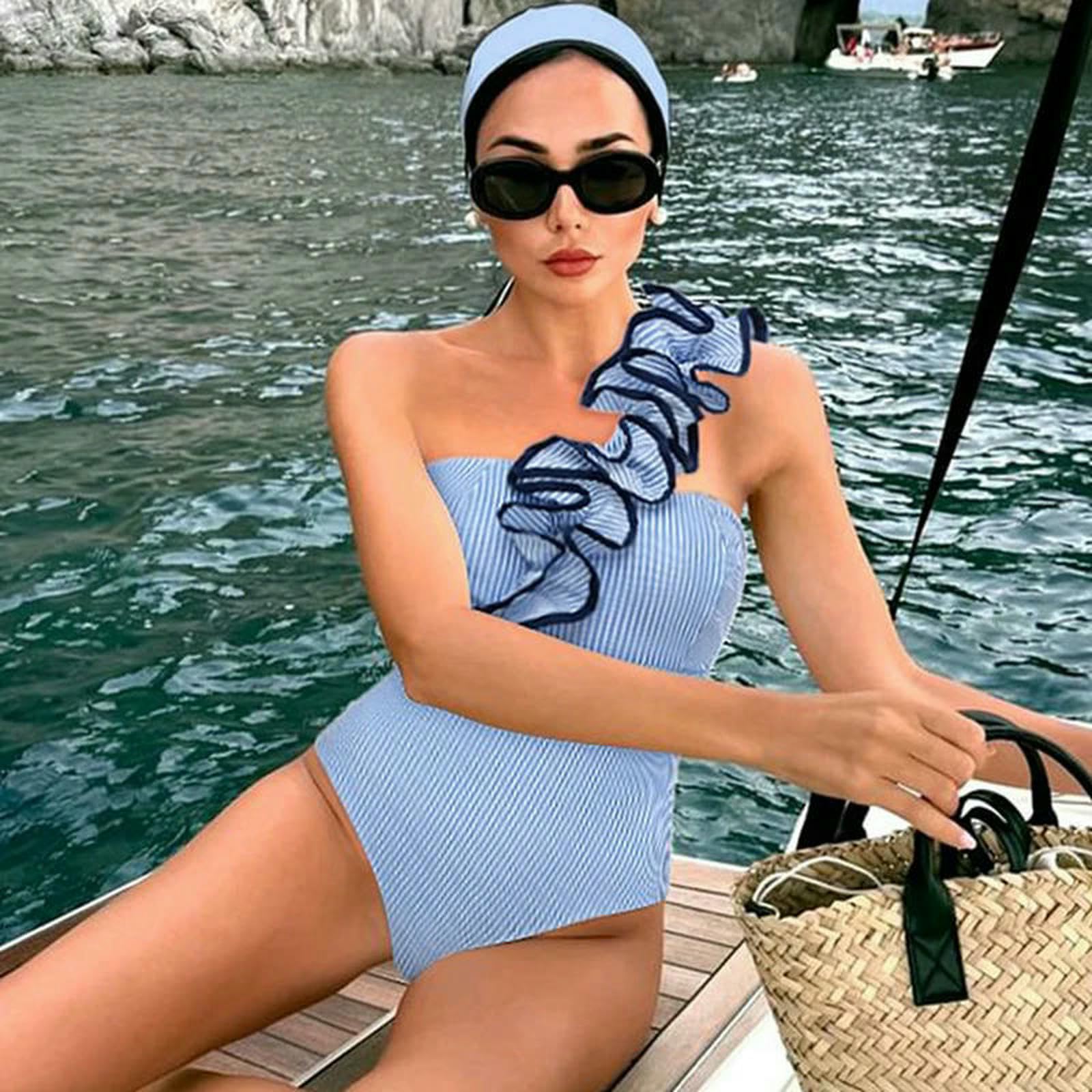 bañador Mujeres Traje De Baño Azul Blanco Raya 2 Piezas Conjunto, Un Hombro Ruffle Monokini con Coincidencia Falda Maxi, Vintage-Swimsuit and Skirt-m