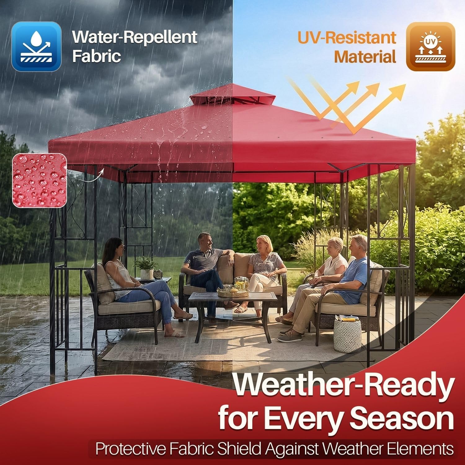 Flexzion Gazebo Cover Replacement Canopy Top 8x8 Ft (2.4m x 2.4m) - Double Tier Top Canopy Cover Replacement with UV30+, Dirt, Water Resistant for Outdoor, Sunshade, Garden, Patio, Pavilion (Red)