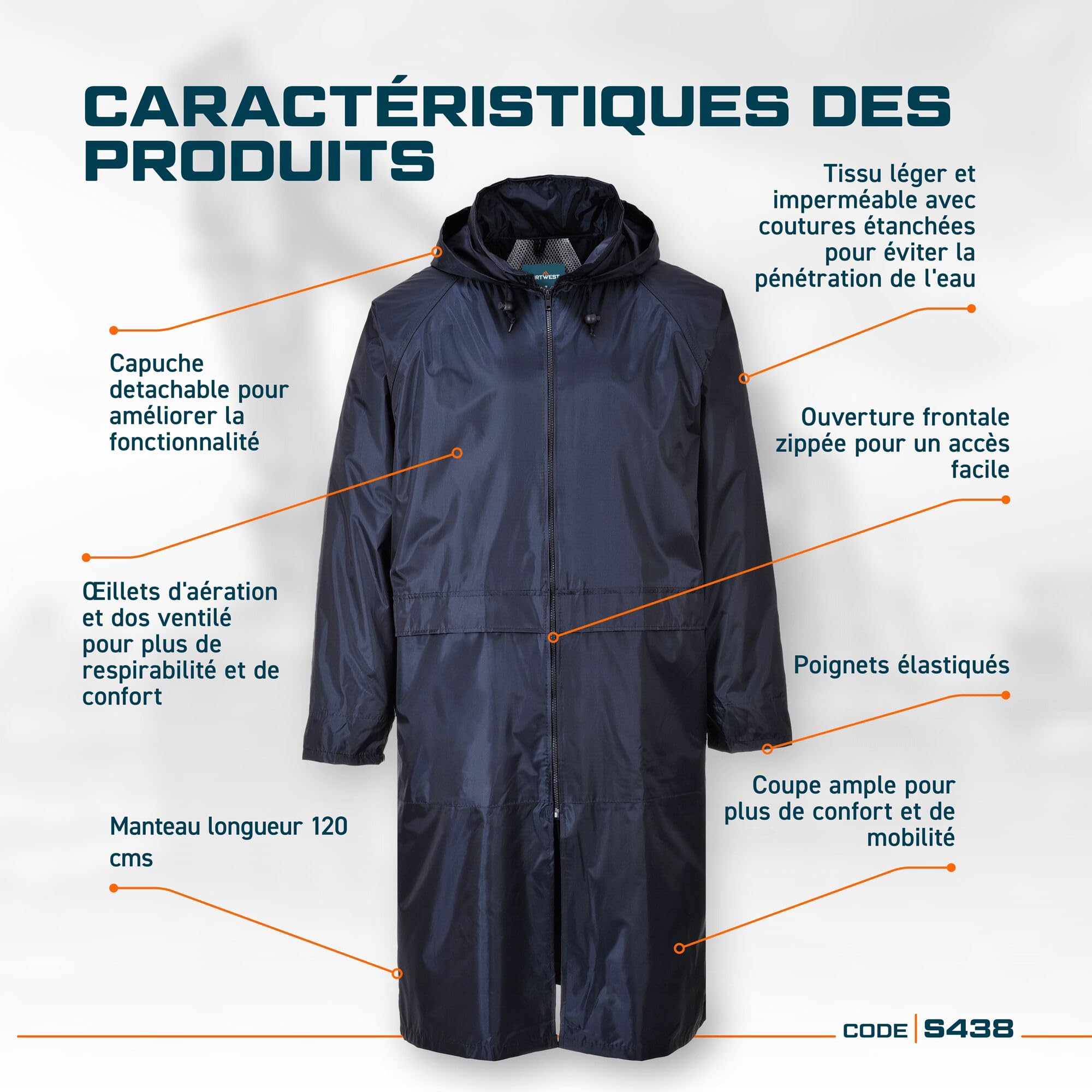 Portwest S438 Men's Waterproof Raincoat - Lightweight Long Rain Jacket with Hood and Pockets