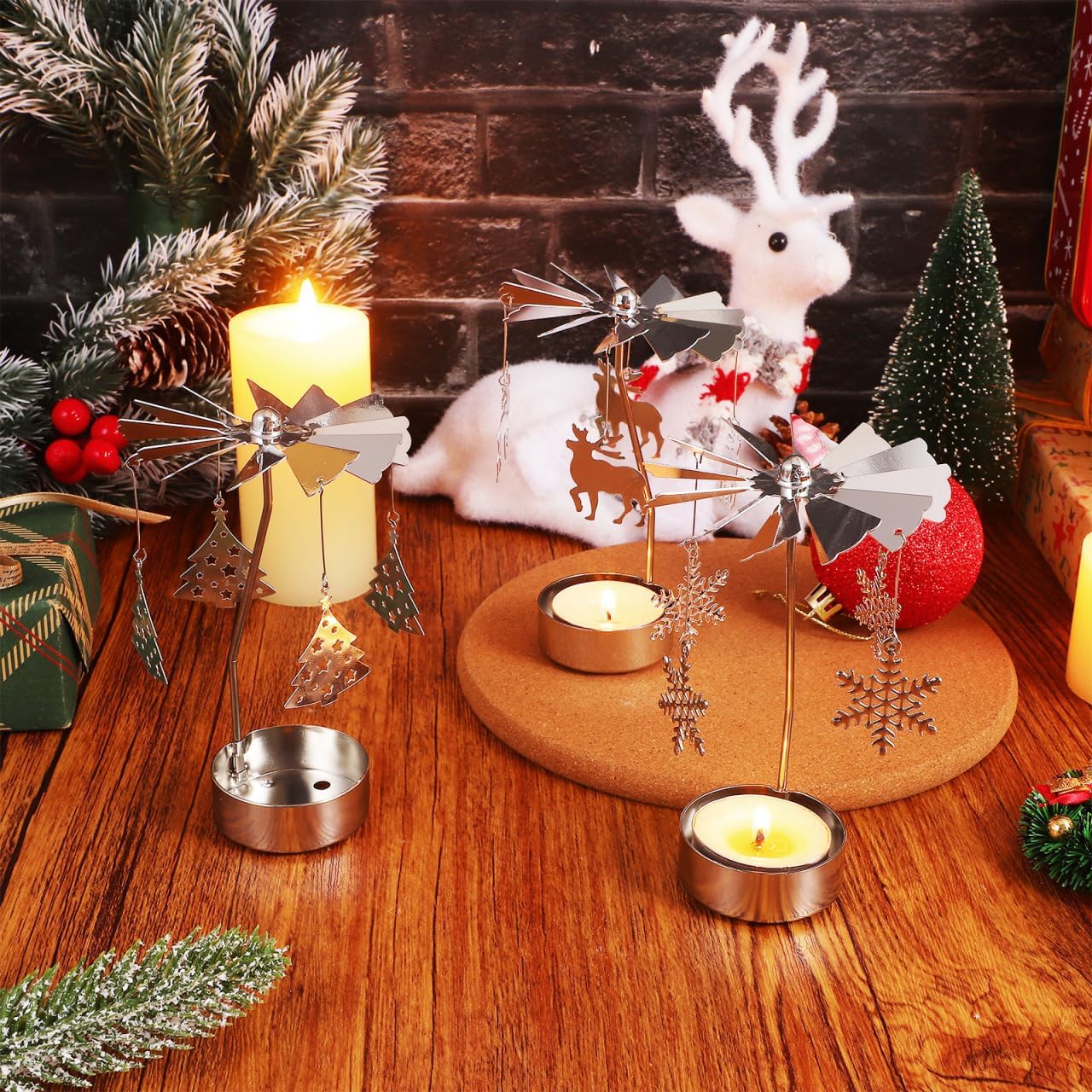 SEWACC 3pcs Rotating Candle Holders, Spinning Tea Light Candle Holders, Silver Snowflake Metal Candleholder, Christmas Desktop Ornament for Holiday Decor