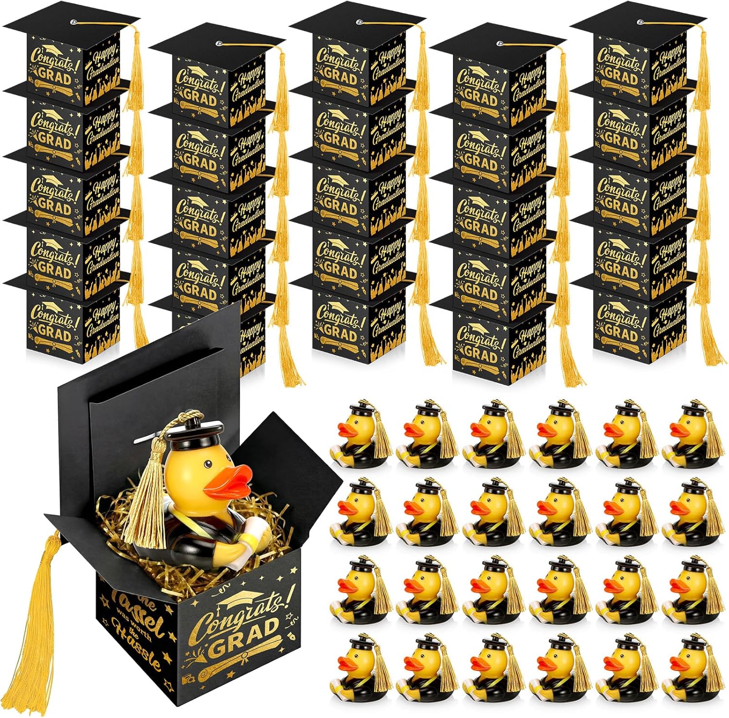 TaoBary 24 Set Graduation Ducks and Grad Cap Boxes 2026 Graduation Decorations Party Favors Gifts Graduations Cap Candy Box with Tassel Rubber Duck for Grad Party Supplies(Black)