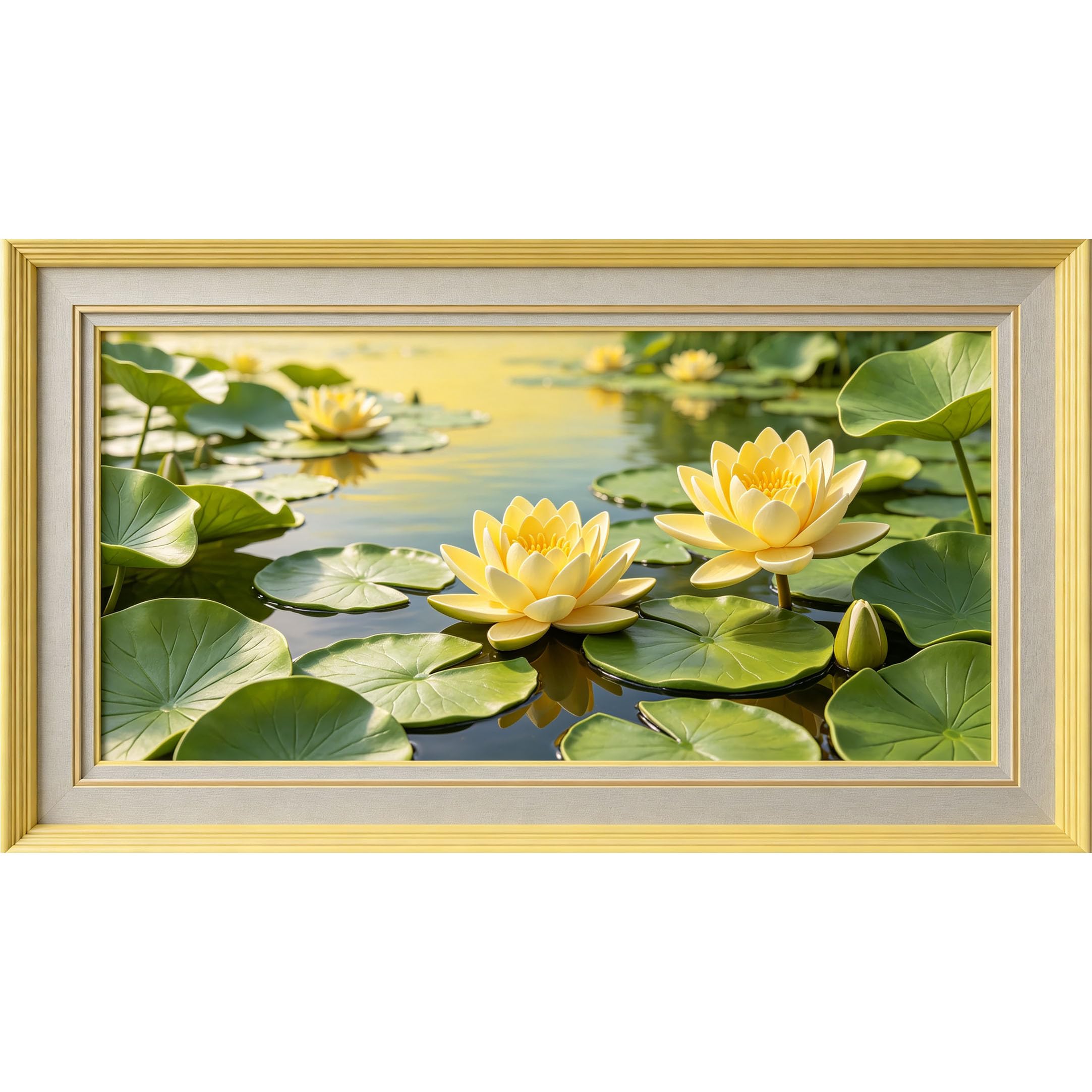 QZLITHOTIC 50×90cm3D Framed Wall Art， Botanical Yellow Lotus Flower Pond Landscape Self?Adhesive Mural， Water?Activated Peel & Stick Fabric Decor Wall Decal for Bedroom Living Room