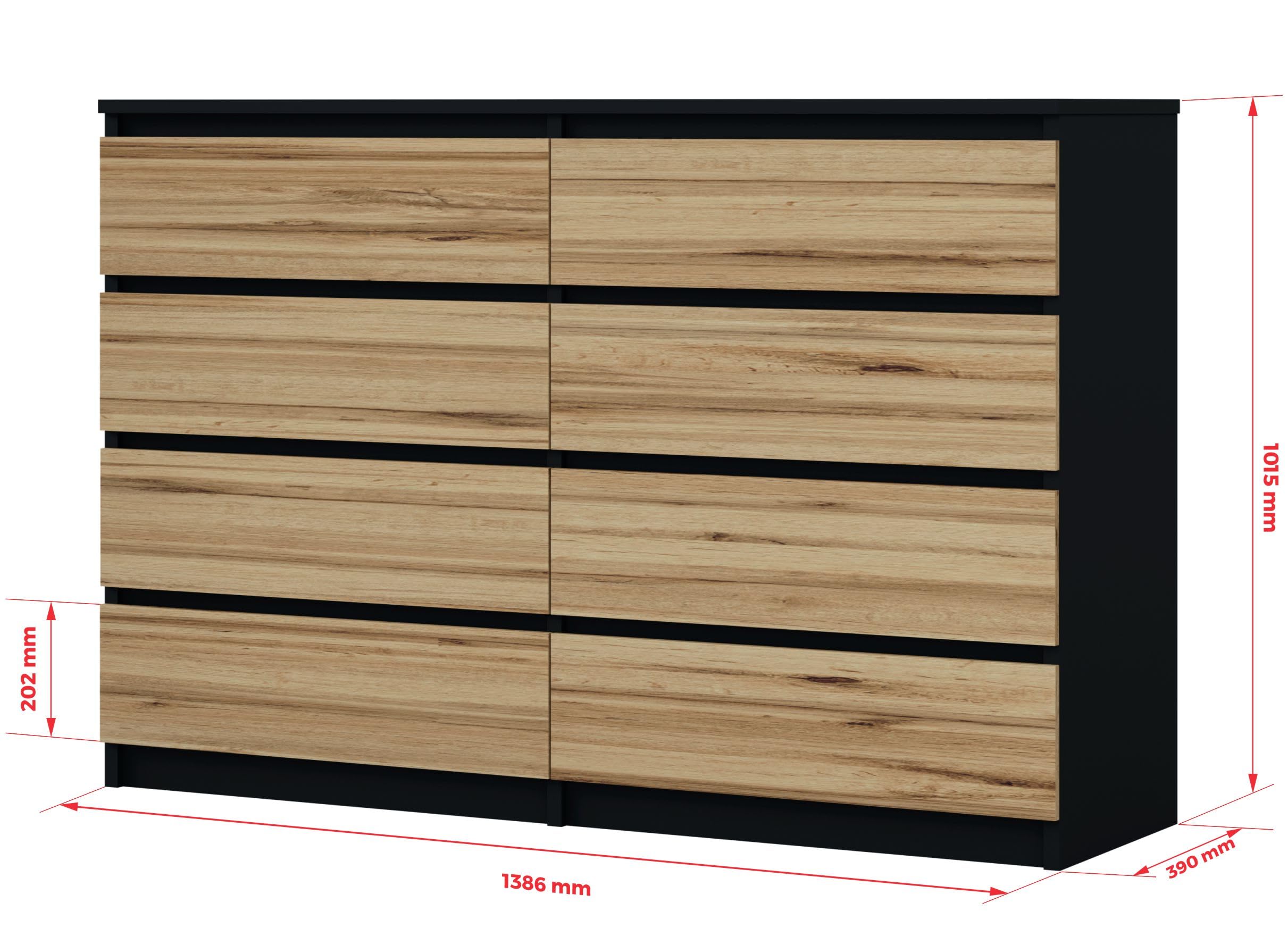 3E 3xE living.com Cassettiera con 8 cassetti, colore: nero/Rovere wootan, A: 140 x 101 x 39 cm