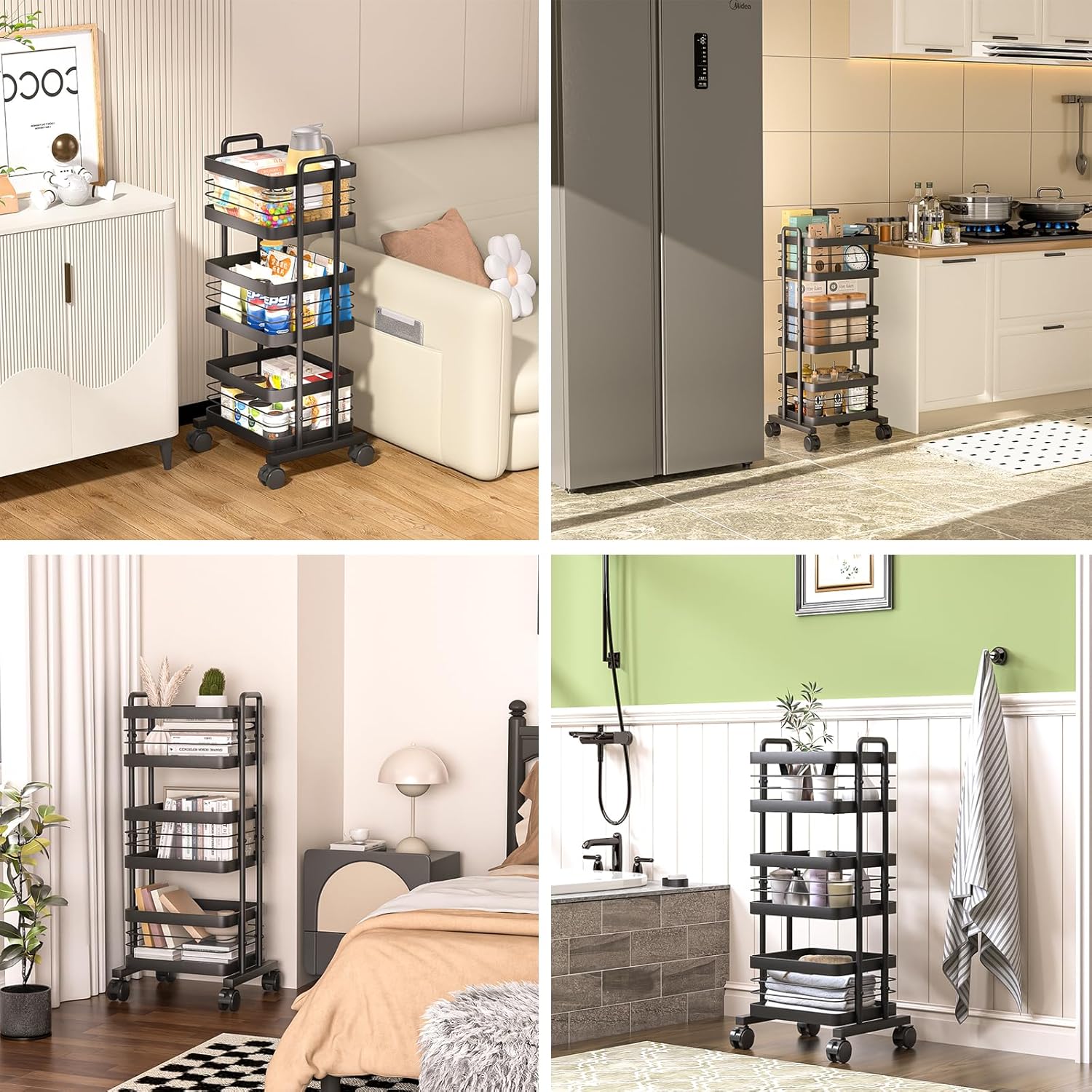 CHPHI 3 Tier Rolling Utility Cart Organizer, Stable and Sturdy Black Rolling Storage Carts with 2 Lockable Wheels, Multifunctional Storage for Kitchen, Bathroom & Laundry