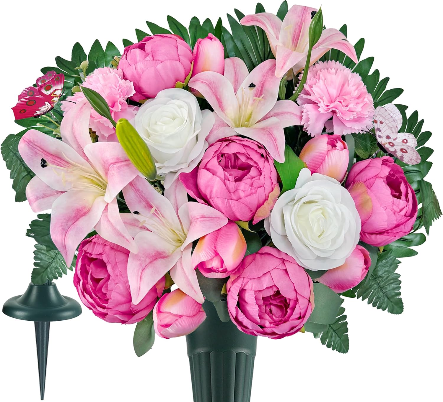 Artificial Cemetery Flowers for Grave Decorations: Gravesite Flowers of Pink Peony Rose Daisy Lily Bouquet with Vase – Ideal for Sympathy & Memorial Tributes