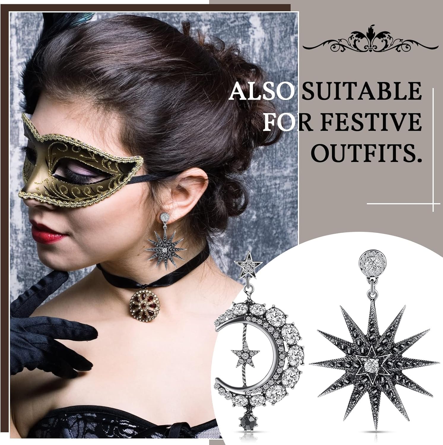 2 Pairs Goth Earrings Moon Drop Earrings Sun Star Earring Rhinestone Punk Earrings Vintage Long Drop Dangle Stud for Women - Image 7