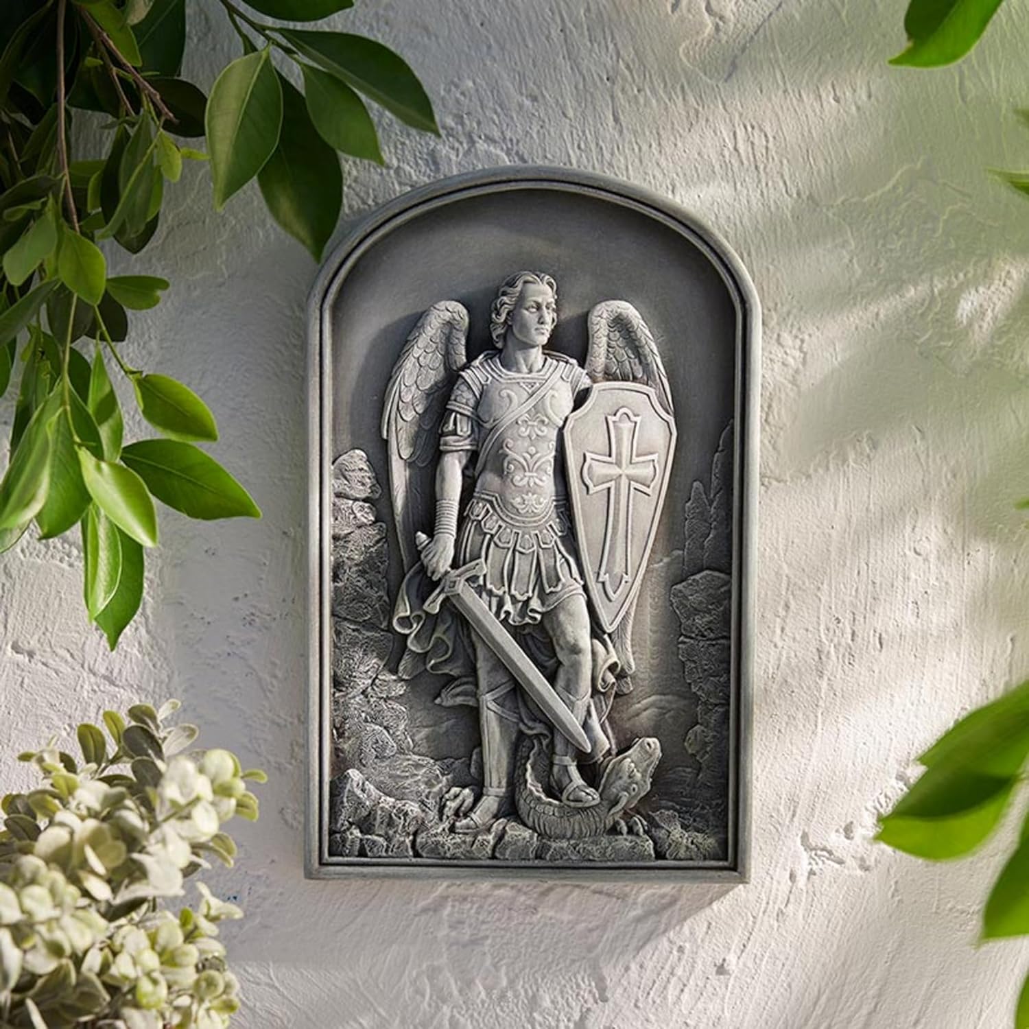 Archangel St. Michael Garden Plaque, Stone Resin Statue Cast, Outdoor Wall Decoration, 12.25 Inches