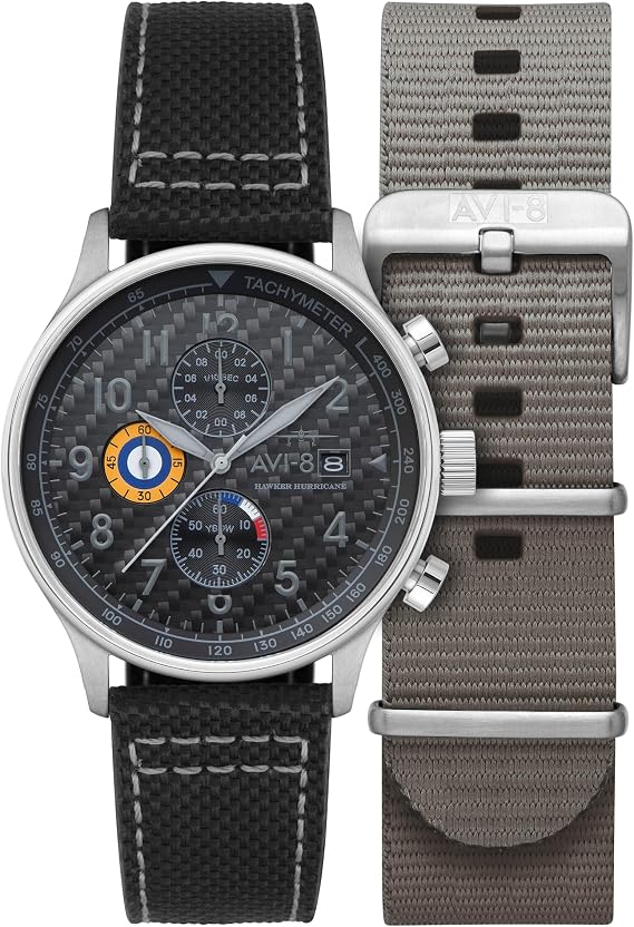 AVI-8 Hawker Hurricane Men's Pilot Watch Classic Chronograph, Japanese Quartz Movement, Stainless Steel Case, Leather Strap, AV-4011