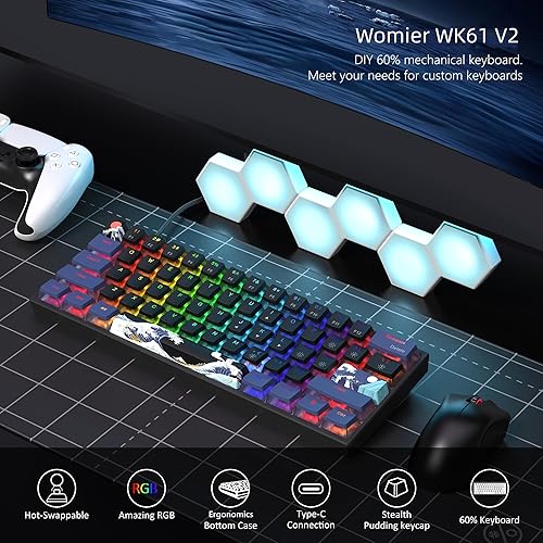 Miniatura 2 de Womier Juego de teclado 60% porcentaje, WK61 V2, teclado mecánico cremoso con cable, teclado RGB intercambiable en caliente con teclas PBT para