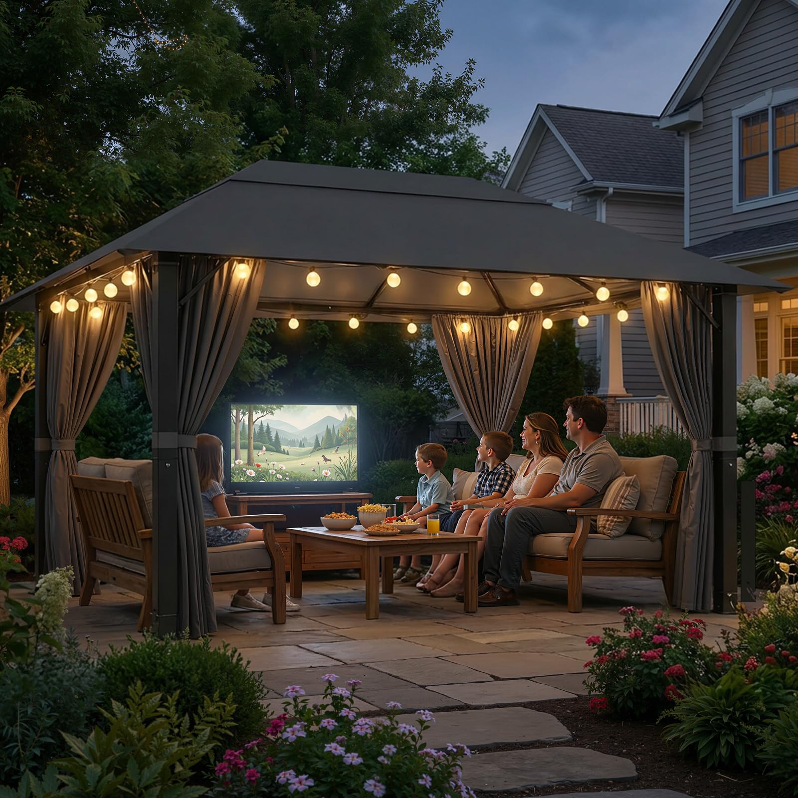JUMMICO Tonnelle 3x4 Imperméable en Aluminium Résistante au Vent et aux UV avec Rideaux Idéale pour Jardin et Terrasse Structure Robuste et Durable Protection Efficace Contre Mauvais Temps