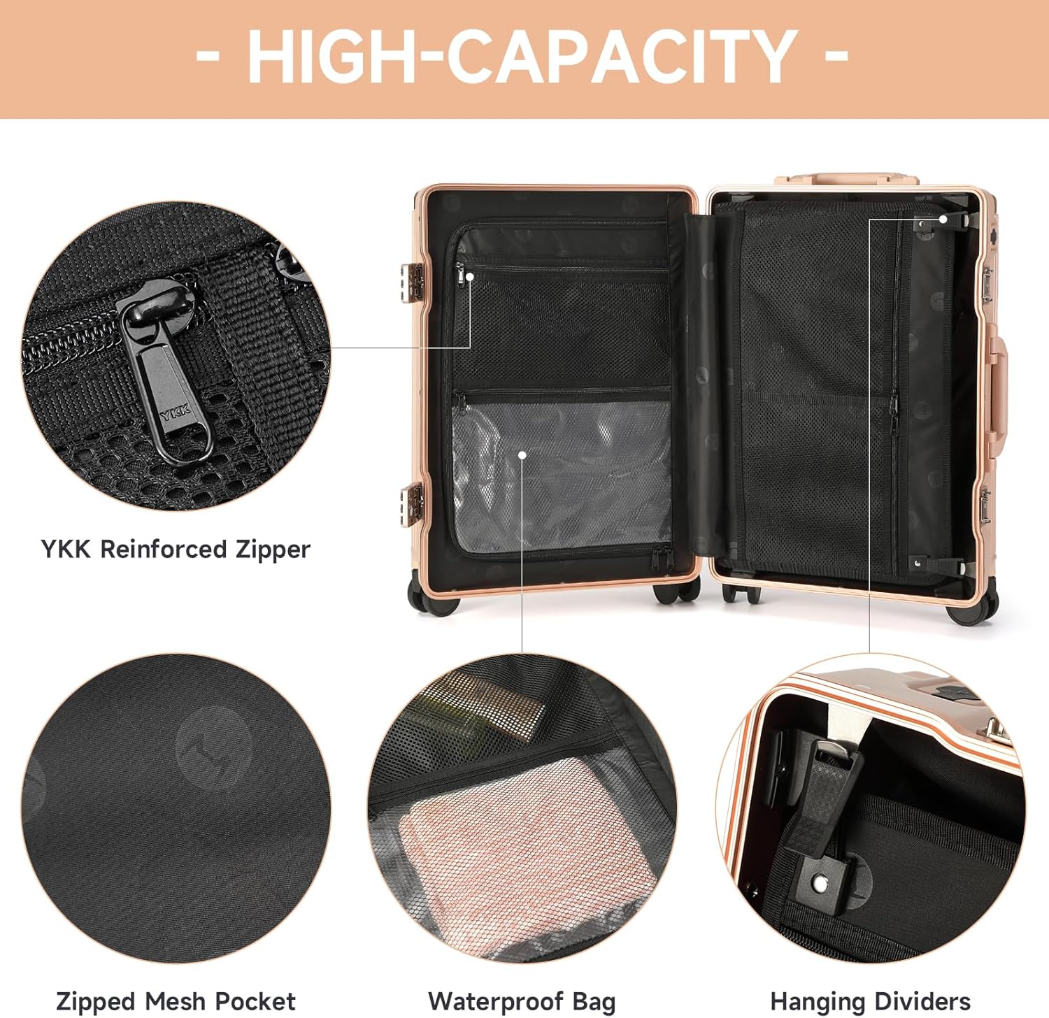 MYER Hard Case 24 Inch Checked Luggage with Spinner Wheels,Aluminum Luggage with 100% 3-Layer PC,Hard Shell Suitcases with Wheels,Cup Holder and USB Port