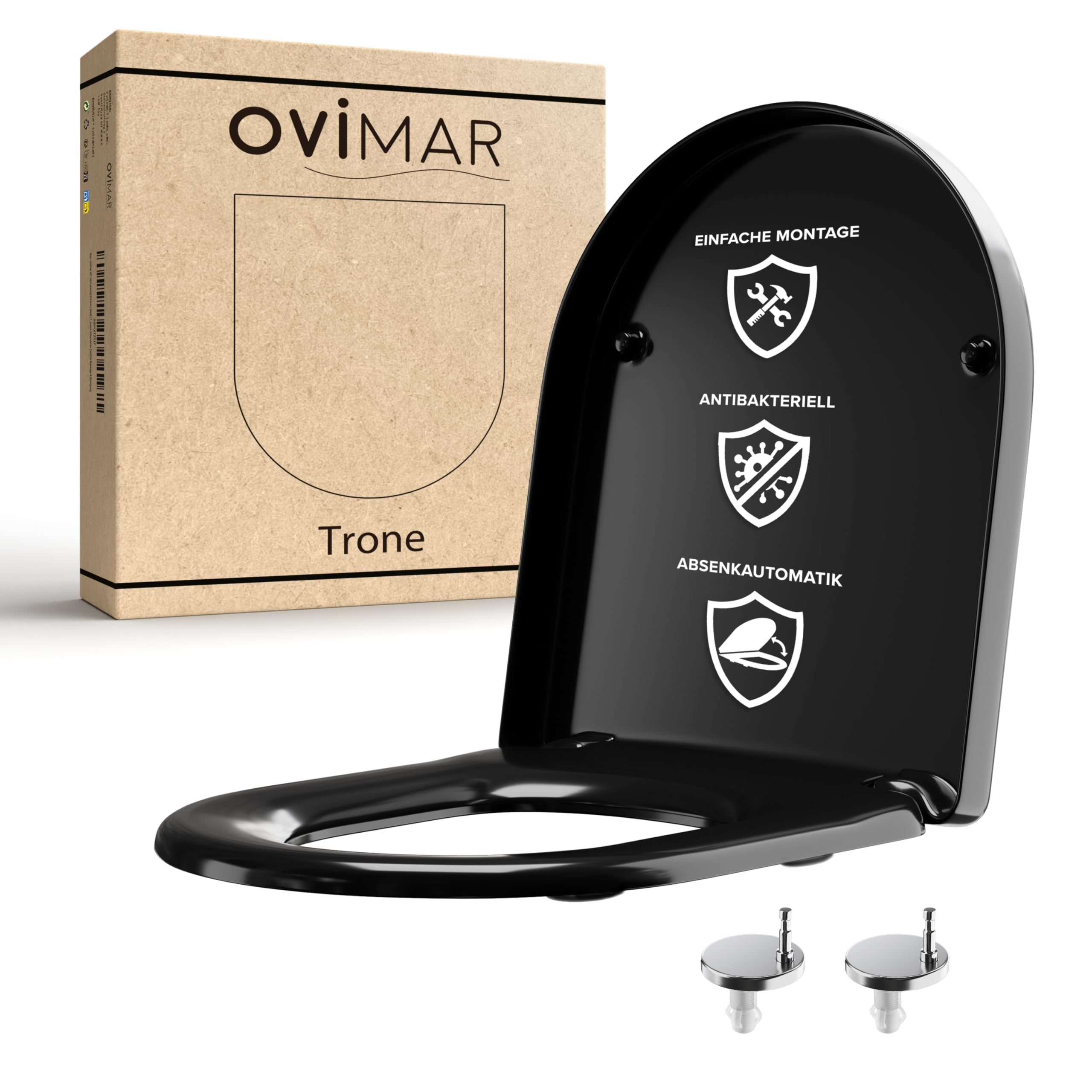 ovimar Asiento de inodoro Trone D Form | Negro | Tapa de inodoro con descenso automático Softclose | Duroplast | Fácil montaje desde arriba | Asiento de inodoro con función de liberación rápida y