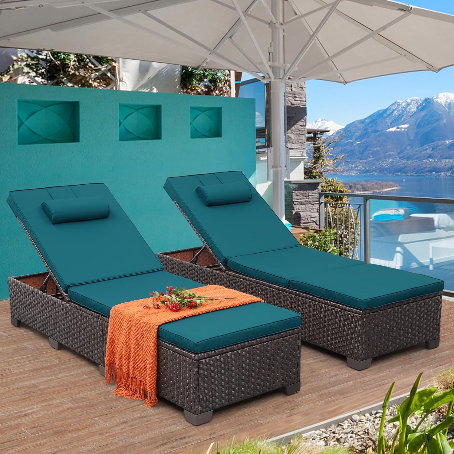 Outdoor Chaise Lounge Set of 2 Brown Wicker Patio Chaise Lounge Chairs Pool Lounge Chairs Multi-Angle Adjustable Backrest with Peacock Blue Cushions and Headrest