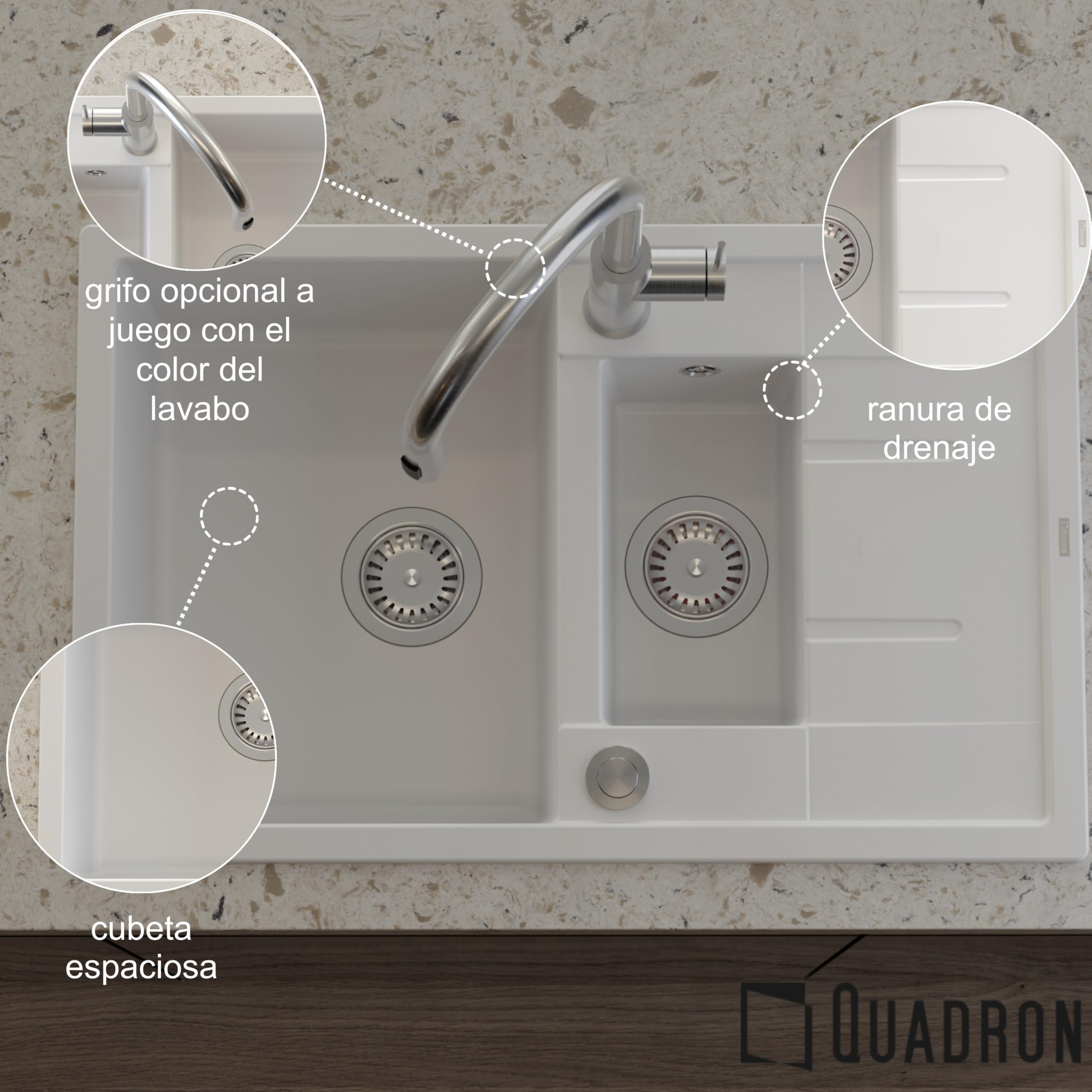 QUADRON fregadero de granito | tamaño 78 x 50 x 22 cm, color: Pure Carbon + Golden | MORGAN 156 fregadero de cocina de dos cubetas con escurridor | con orificio para grifo